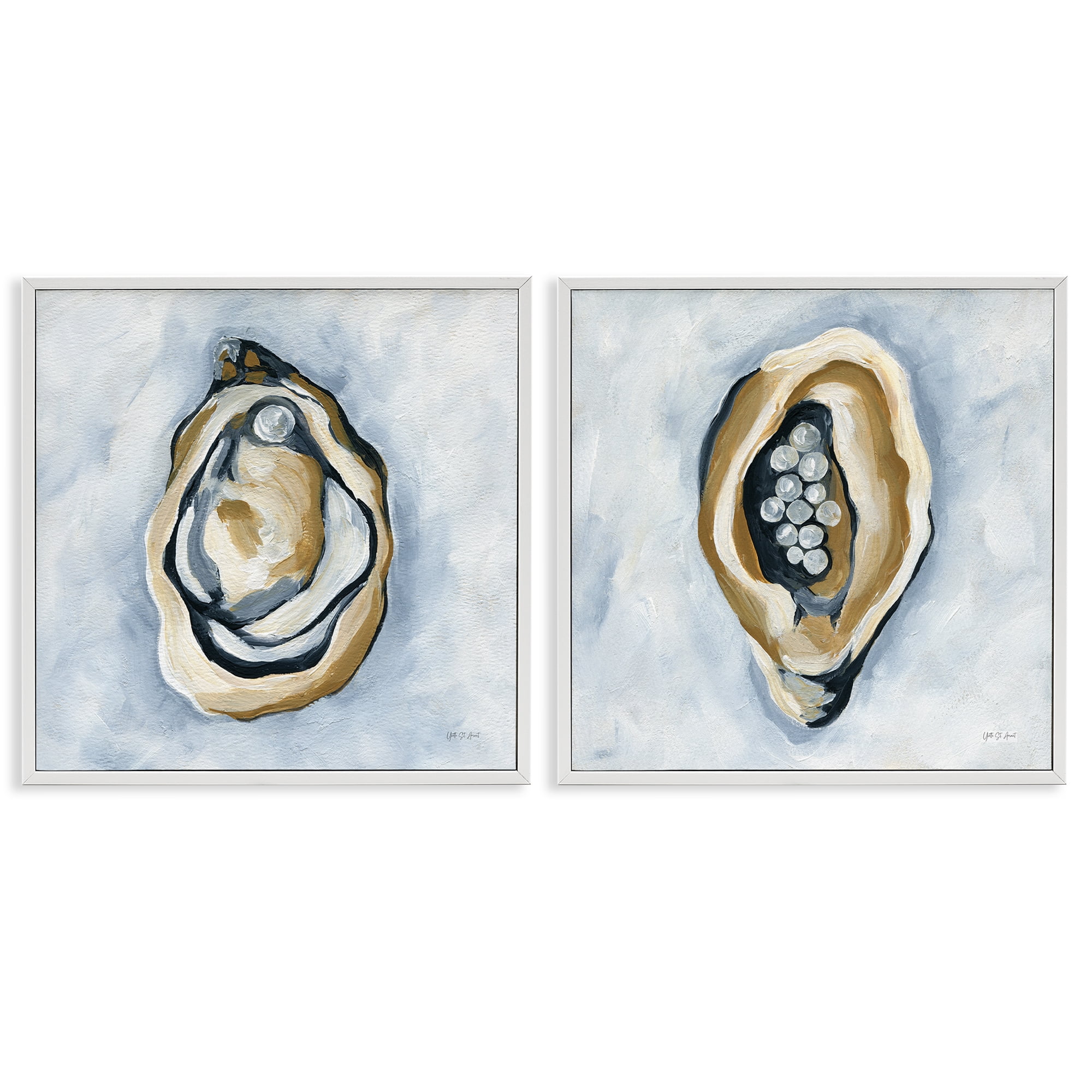 Stupell Industries Oyster with Pearls Nautical & Beach Painting White Framed Art Print Wall Art, 17 x 17, Set of 2