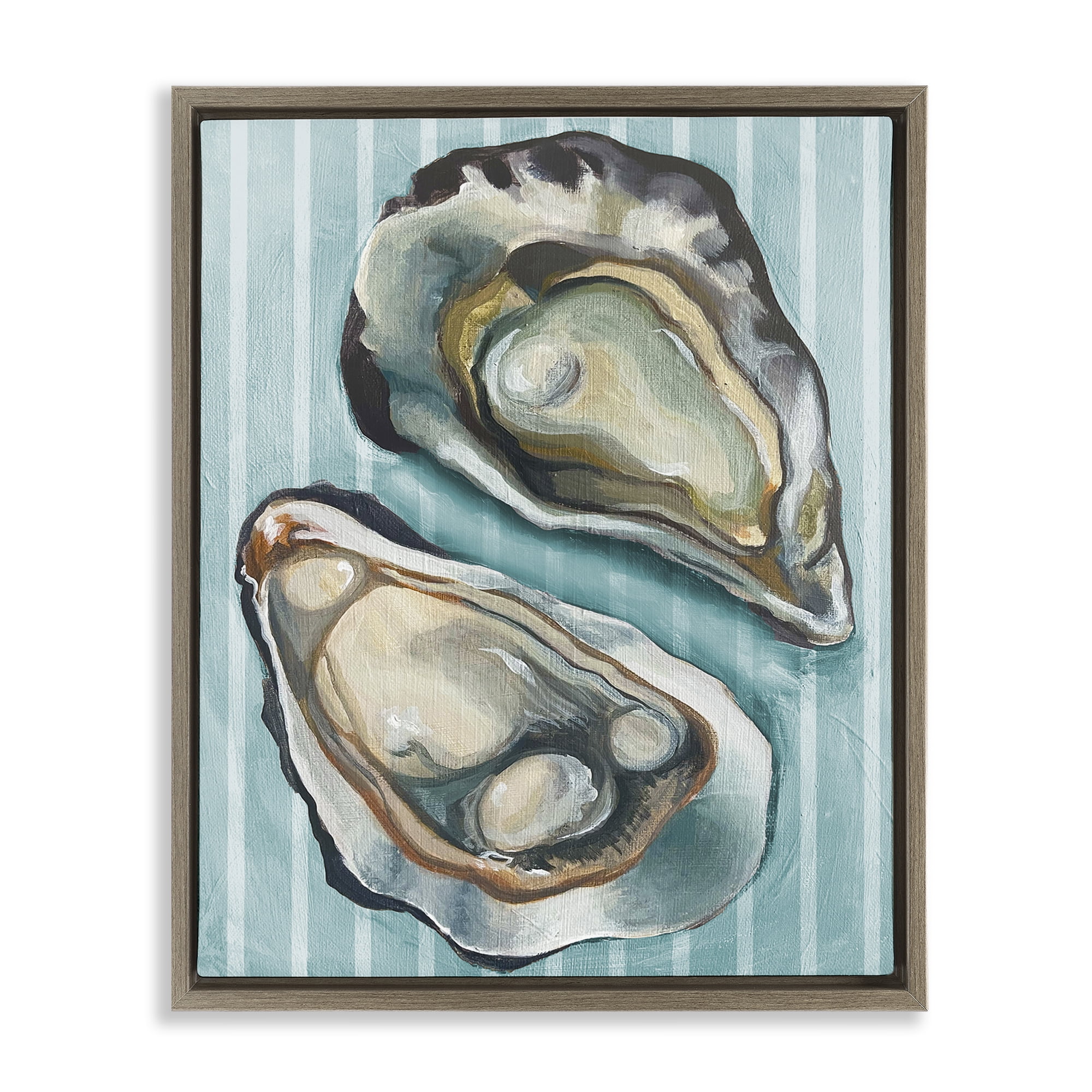 Stupell Industries Oysters on Blue Stripes Animals Painting Brown Floater Framed Canvas Art Print Wall Art, 25 x 31