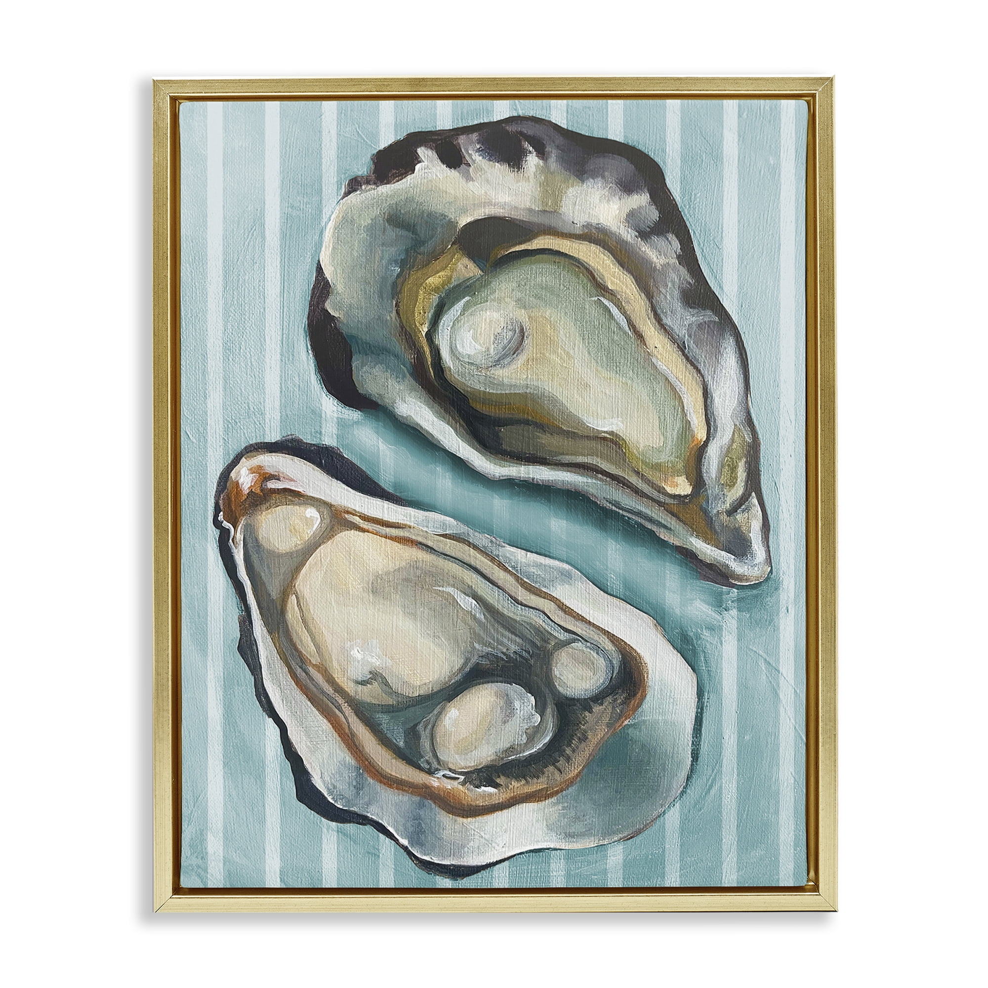 Stupell Industries Oysters on Blue Stripes Animals Painting Gold Floater Framed Canvas Art Print Wall Art, 25 x 31