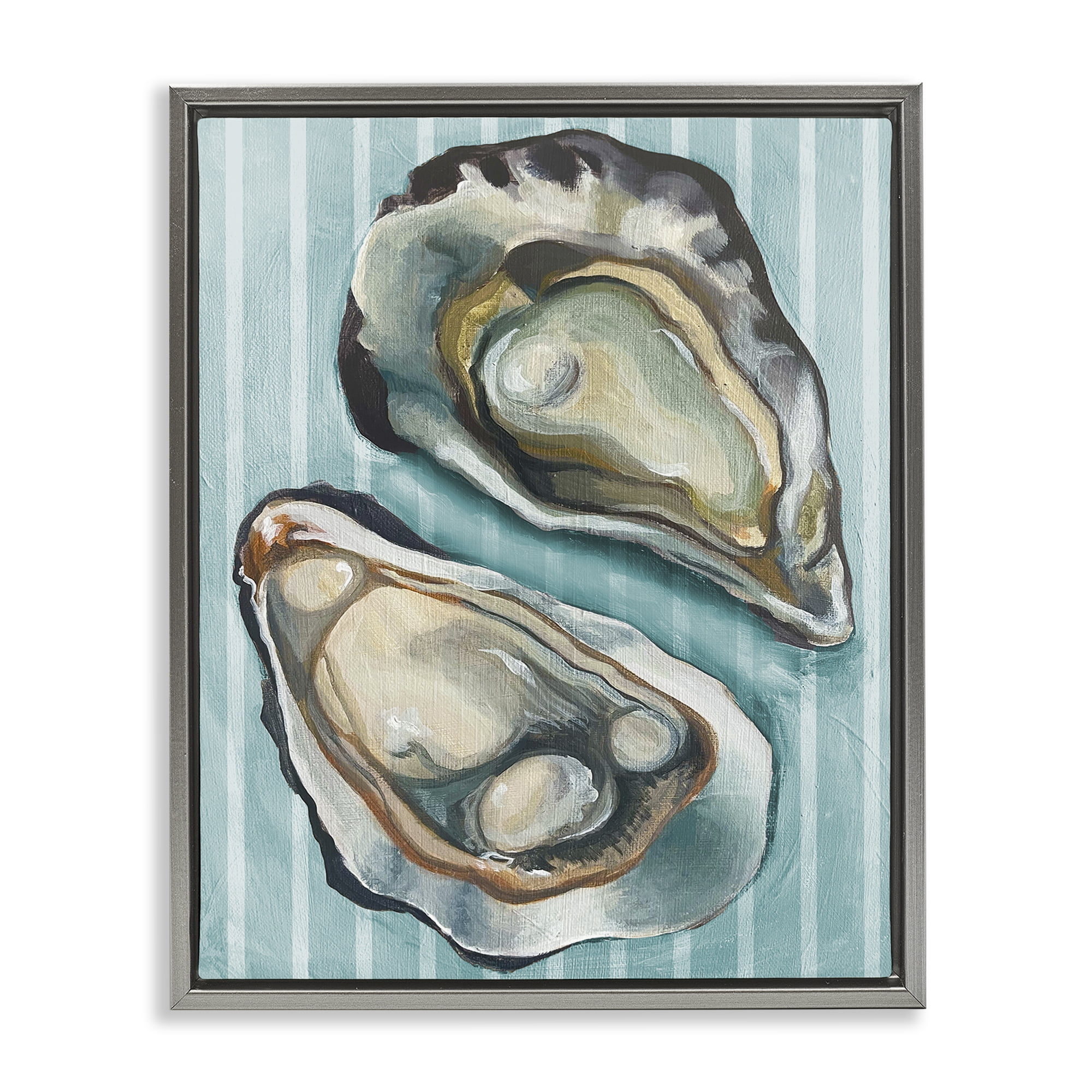 Stupell Industries Oysters on Blue Stripes Animals Painting Gray Floater Framed Canvas Art Print Wall Art, 17 x 21