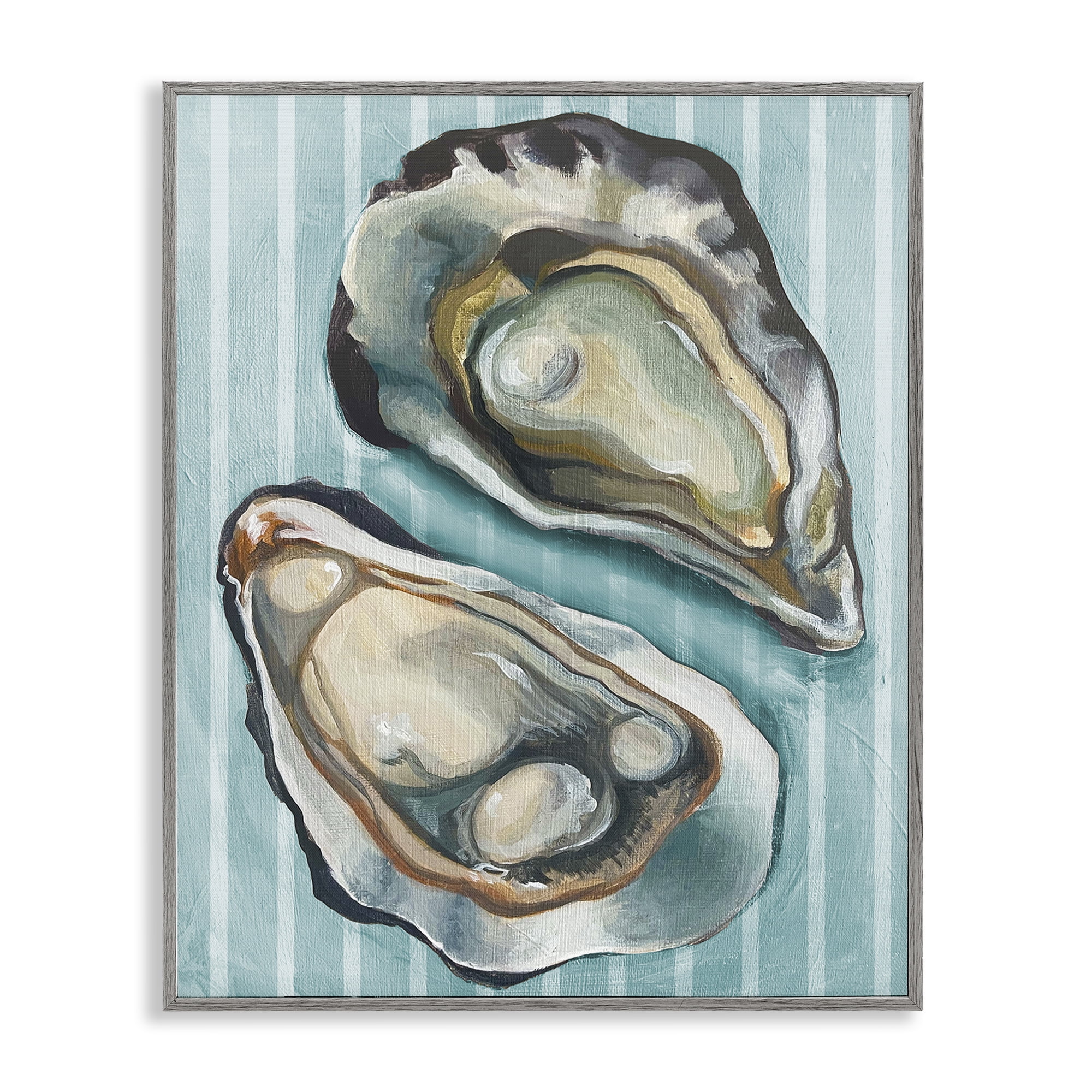 Stupell Industries Oysters on Blue Stripes Animals Painting Gray Framed Art Print Wall Art, 11 x 14