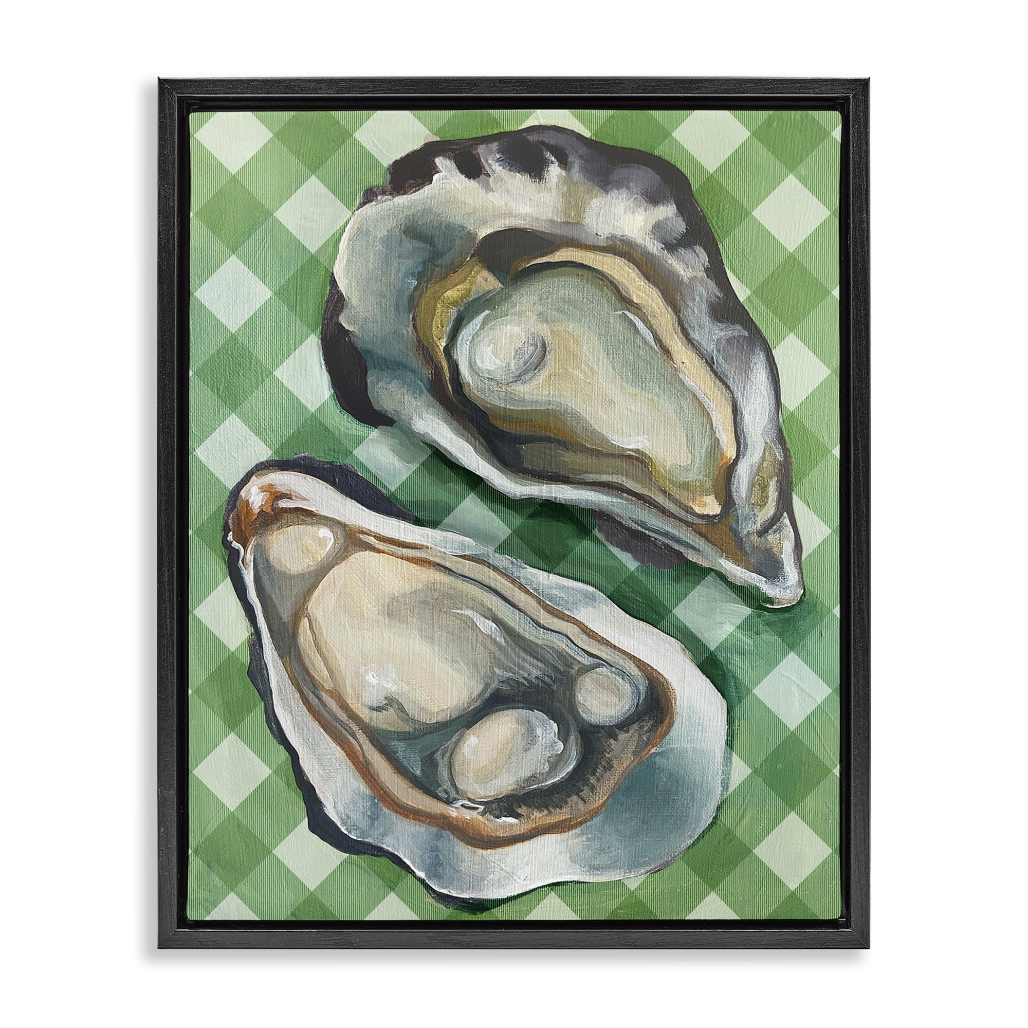 Stupell Industries Oysters on Green Plaid Animals Painting Black Floater Framed Canvas Art Print Wall Art, 17 x 21