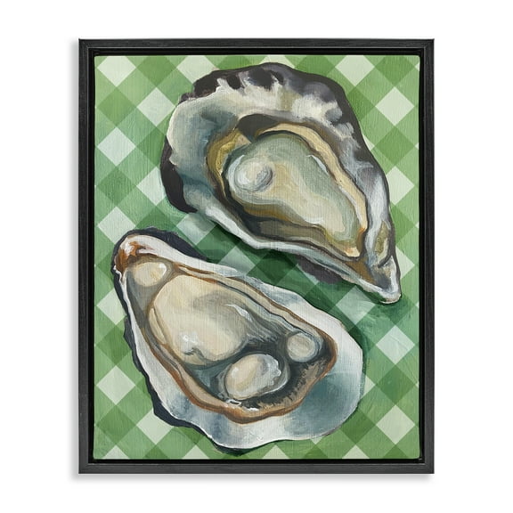 Stupell Industries Oysters on Green Plaid Animals Painting Black Floater Framed Canvas Art Print Wall Art, 17 x 21