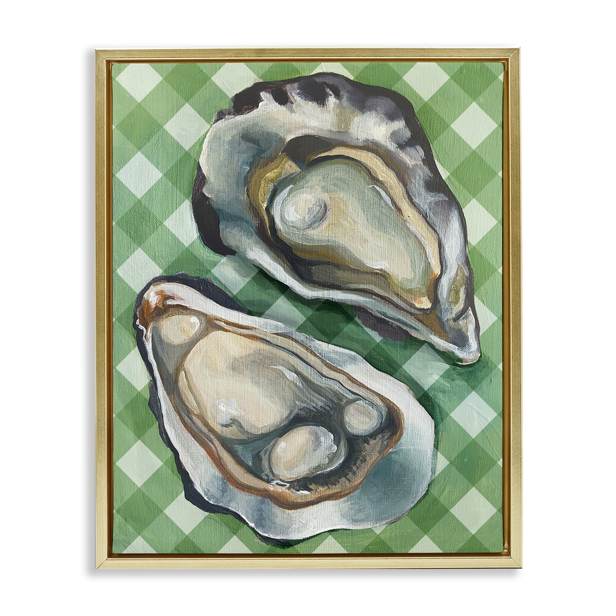Stupell Industries Oysters on Green Plaid Animals Painting Gold Floater Framed Canvas Art Print Wall Art, 25 x 31