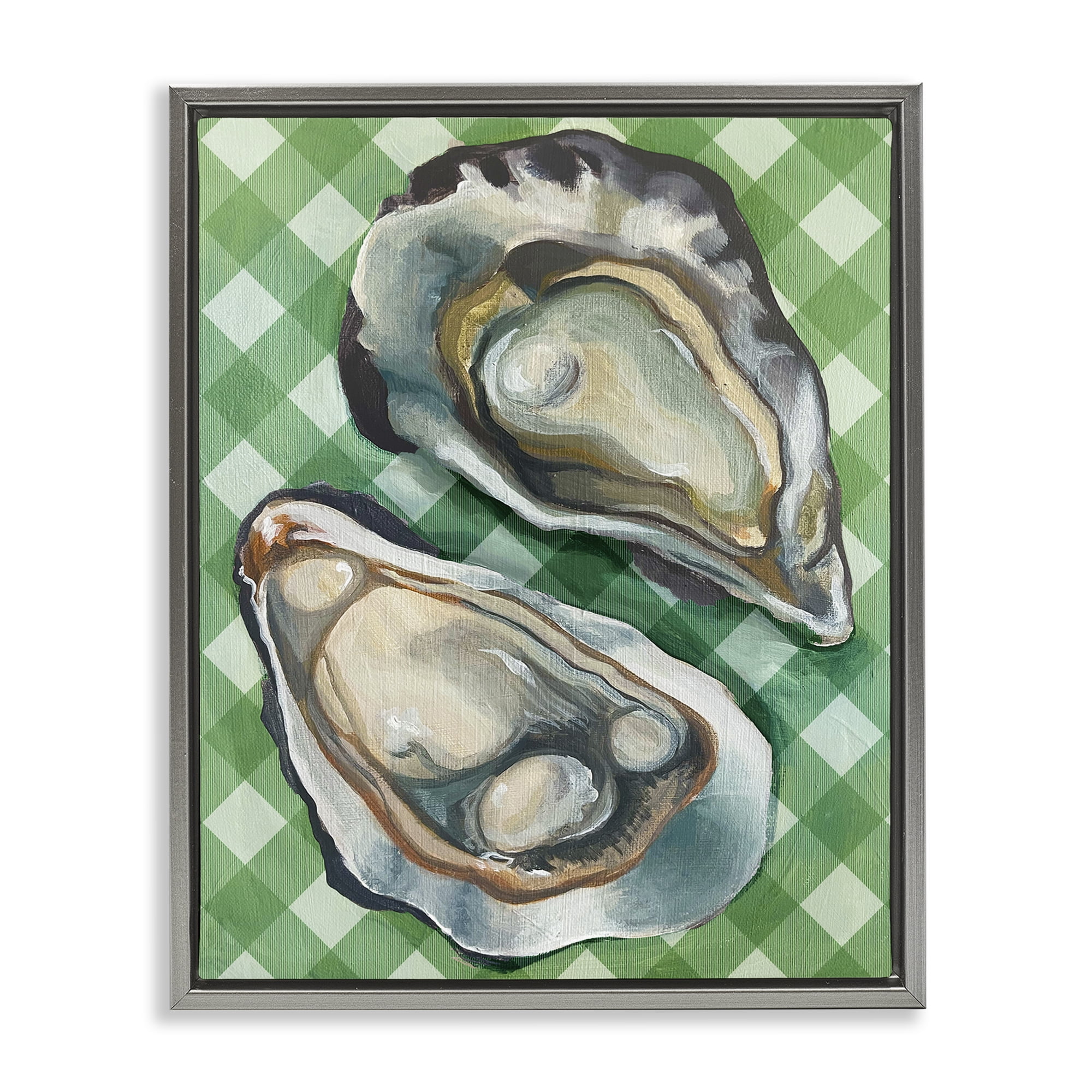 Stupell Industries Oysters on Green Plaid Animals Painting Gray Floater Framed Canvas Art Print Wall Art, 17 x 21