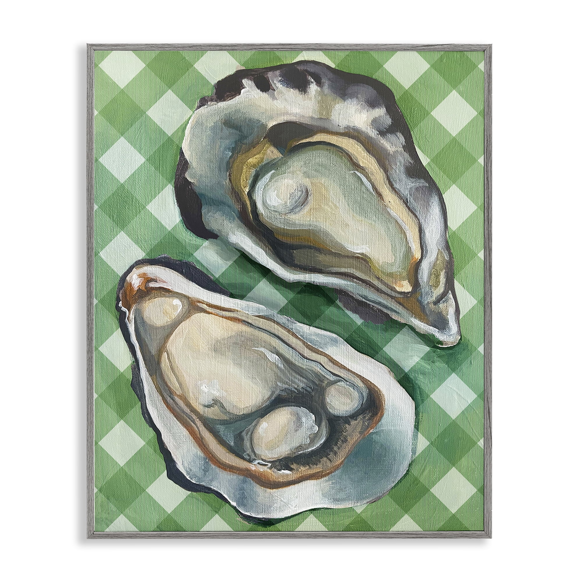 Stupell Industries Oysters on Green Plaid Animals Painting Gray Framed Art Print Wall Art, 16 x 20