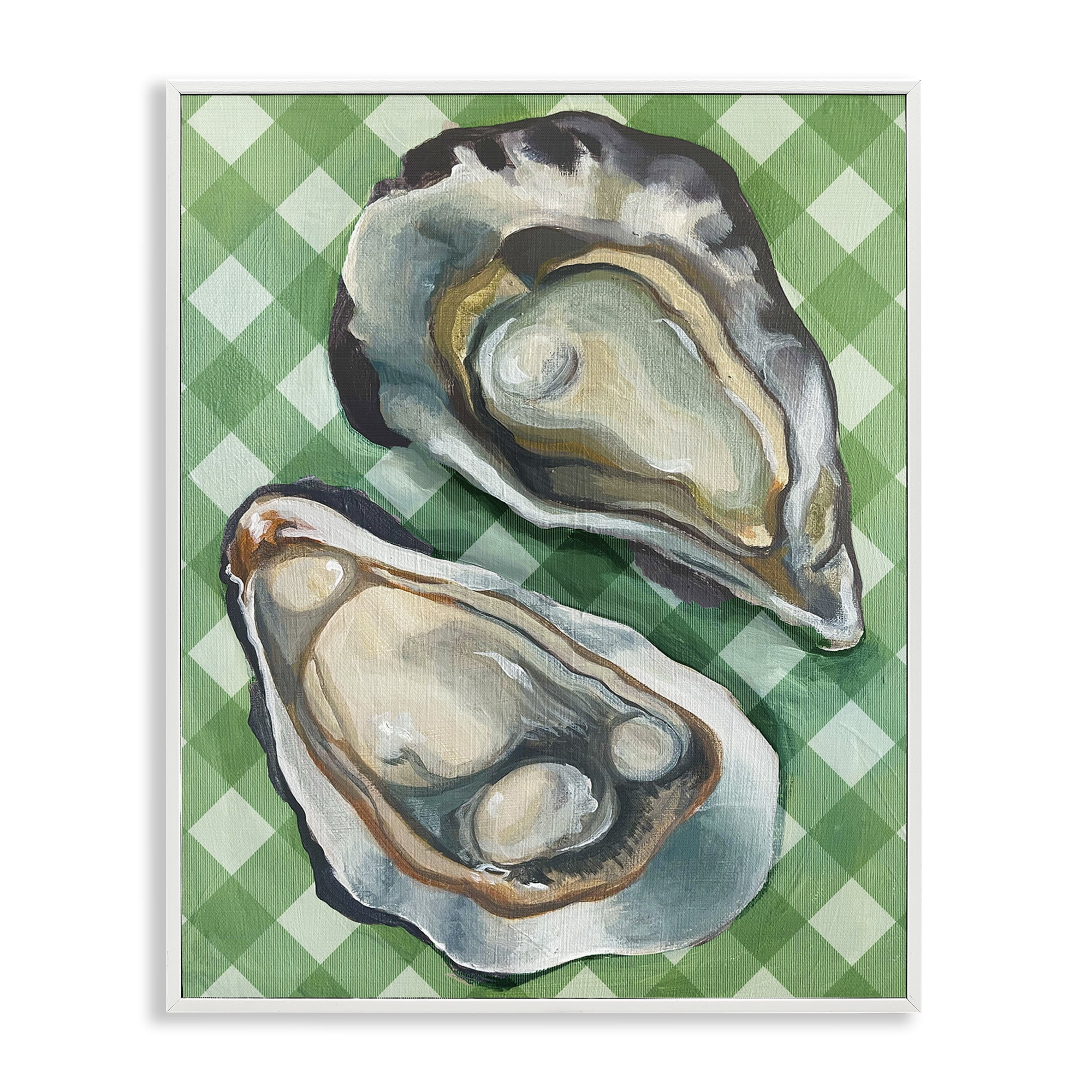 Stupell Industries Oysters on Green Plaid Animals Painting White Framed Art Print Wall Art, 11 x 14