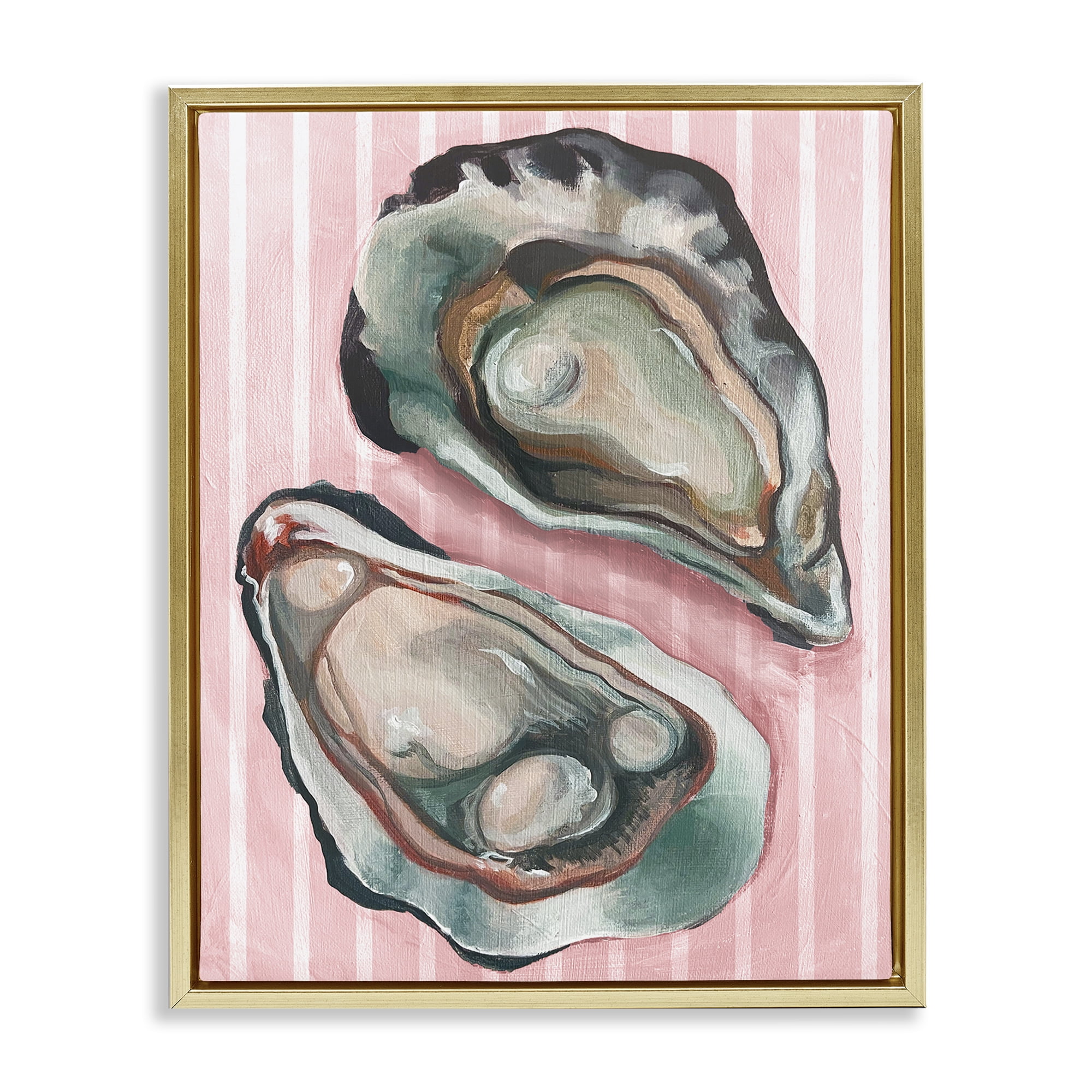 Stupell Industries Oysters on Pink Stripes Animals Painting Gold Floater Framed Canvas Art Print Wall Art, 17 x 21