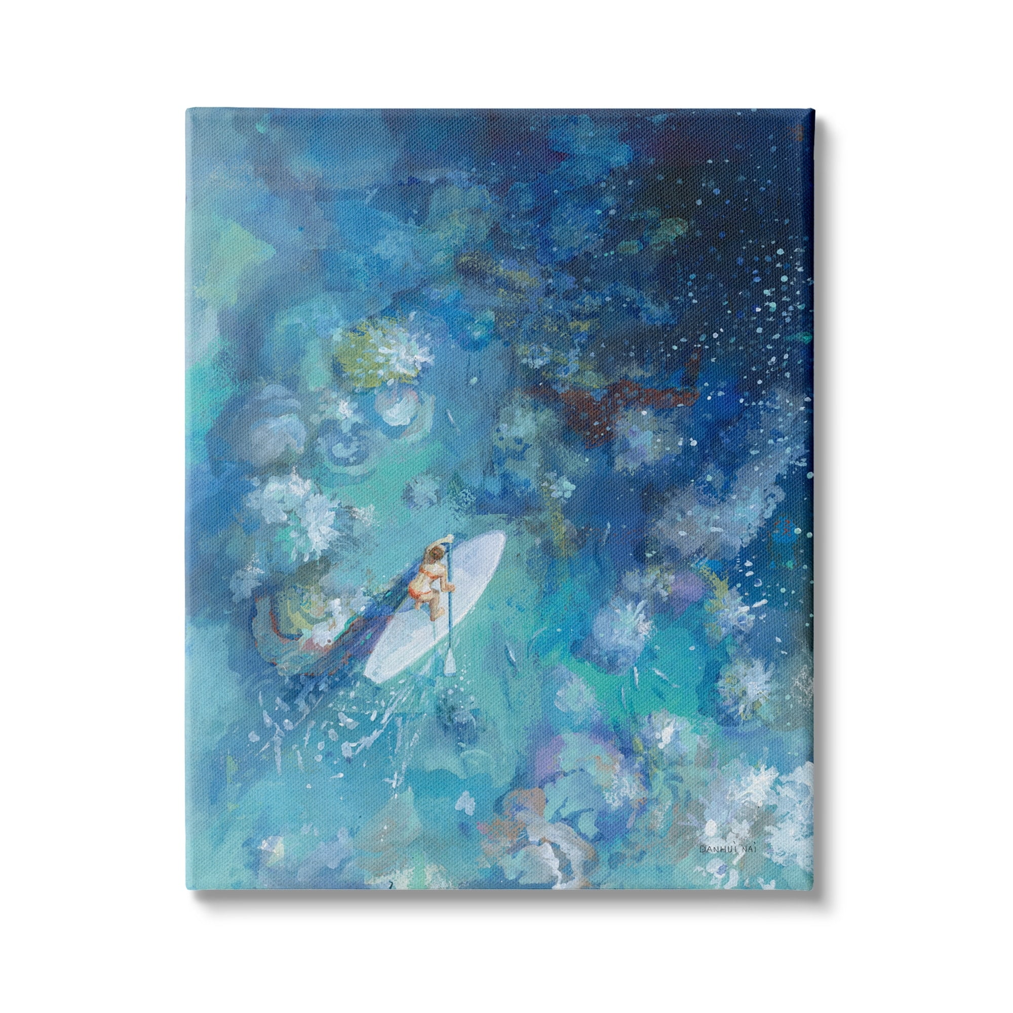 Stupell Industries Paddle Board Ocean Reef Tropical Scene Female Surfer, 16 x 20,Design by Danhui Nai