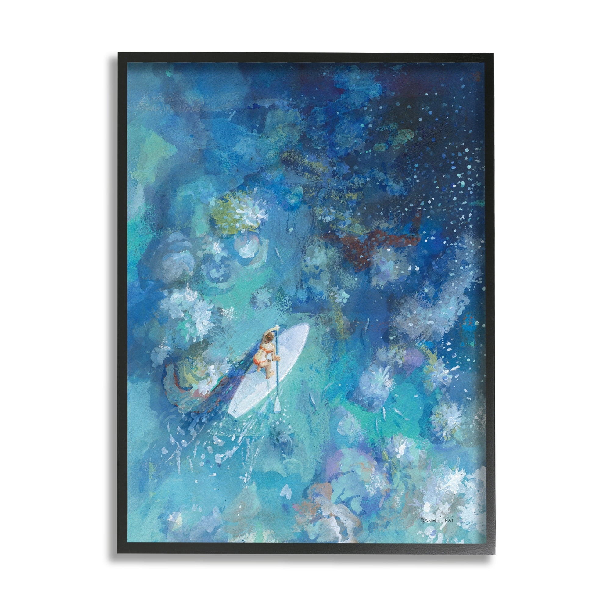 Stupell Industries Paddle Board Ocean Reef Tropical Scene Female Surfer, 16 x 20,Design by Danhui Nai