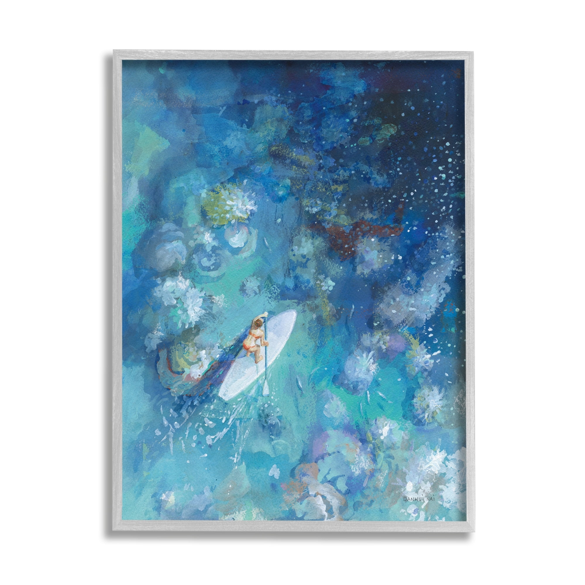 Stupell Industries Paddle Board Ocean Reef Tropical Scene Female Surfer, 24 x 30,Design by Danhui Nai