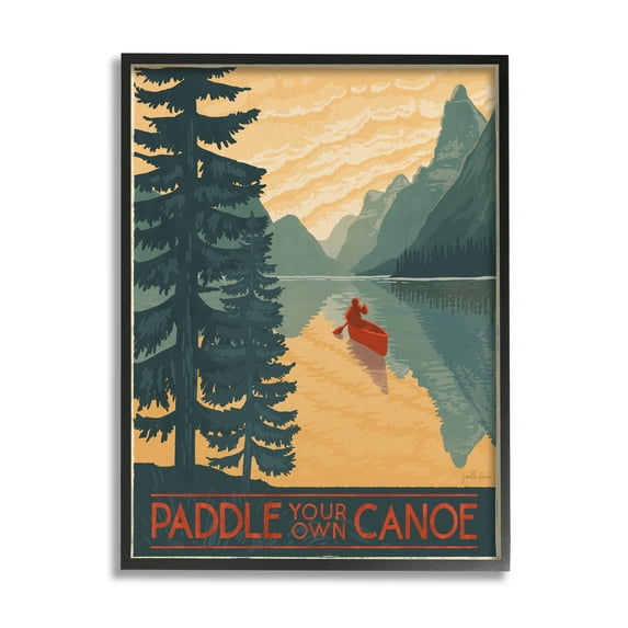 Paddle Your Own Canoe Phrase Mountain Lake Adventure Black Framed Giclee Art, 11 x 14, Made In USA