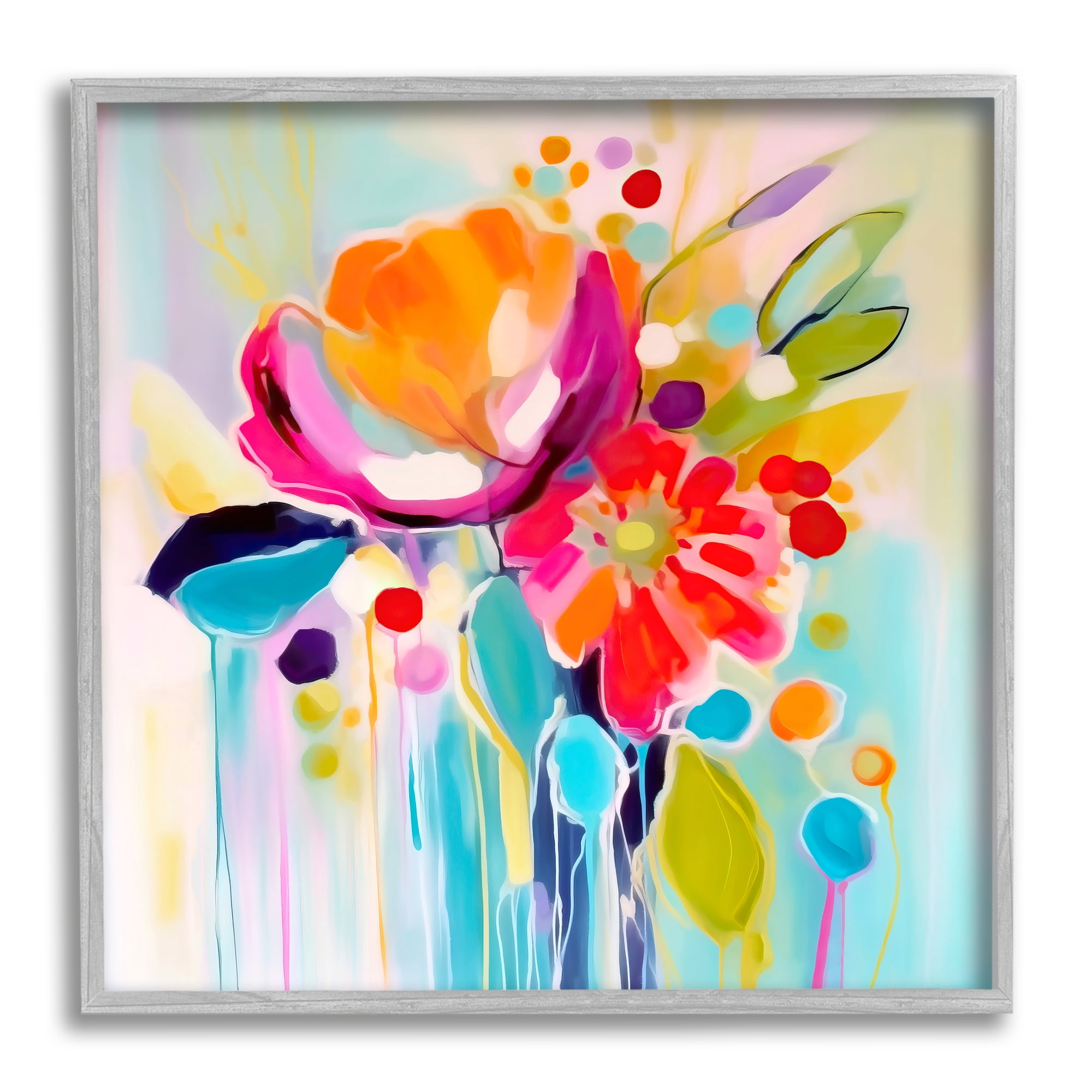 Stupell Industries Paint Drip Florals Botanical & Floral Painting Gray Framed Art Print Wall Art, 24 x 24