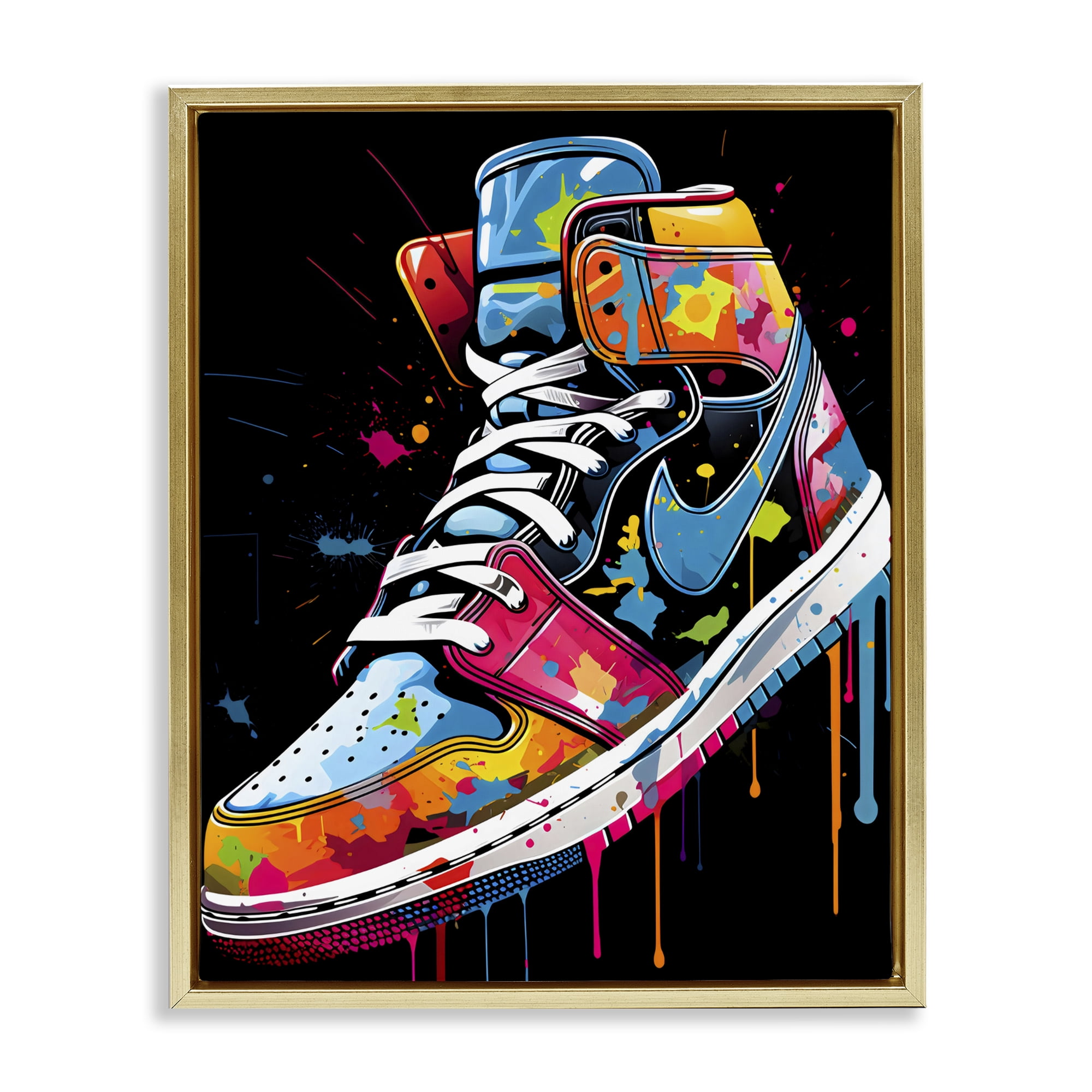 Stupell Industries Paint Drip High Top Sneakers Gold Framed Floater Canvas Wall Art, design by Creative Studio