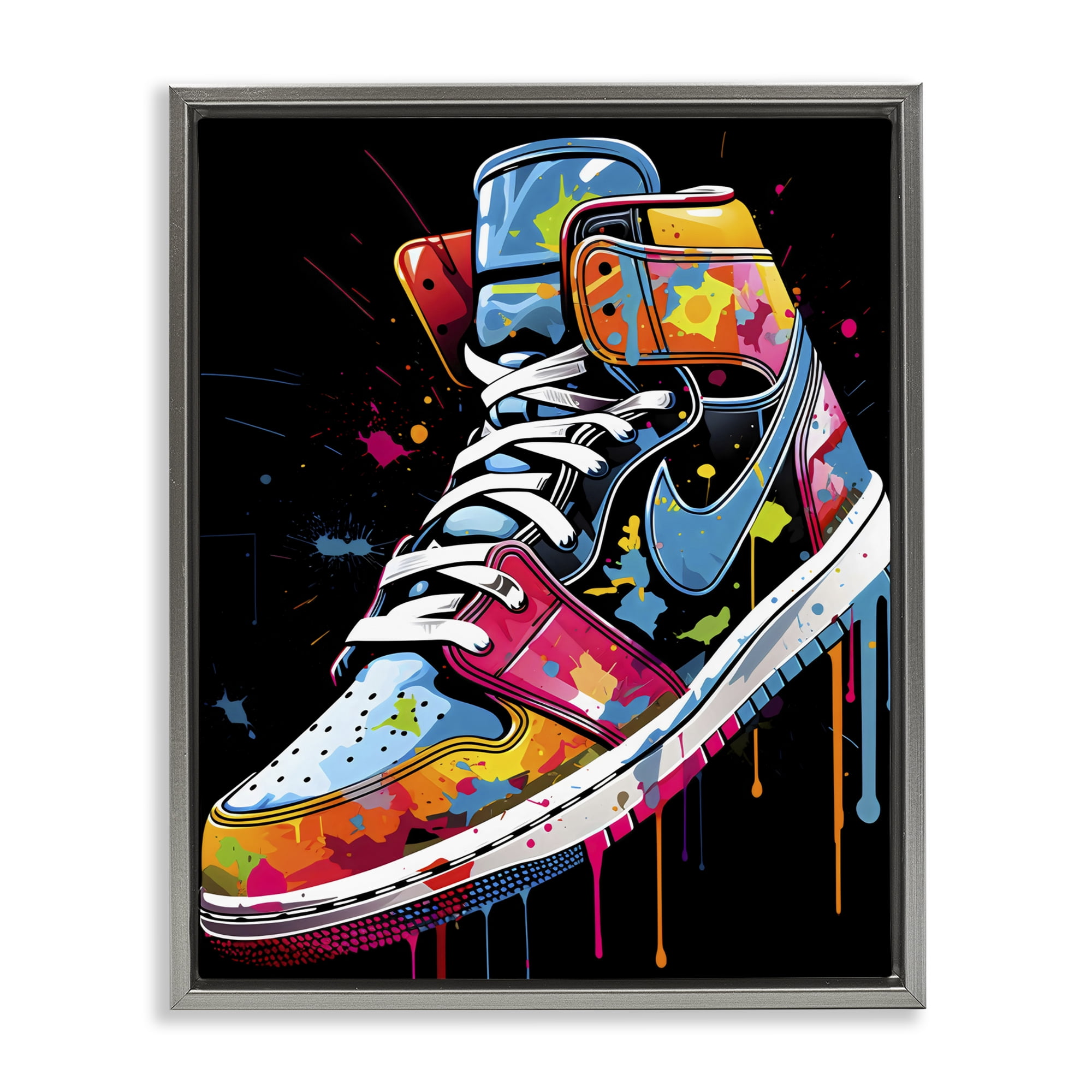 Stupell Industries Paint Drip High Top Sneakers Gray Framed Floater Canvas Wall Art, design by Creative Studio