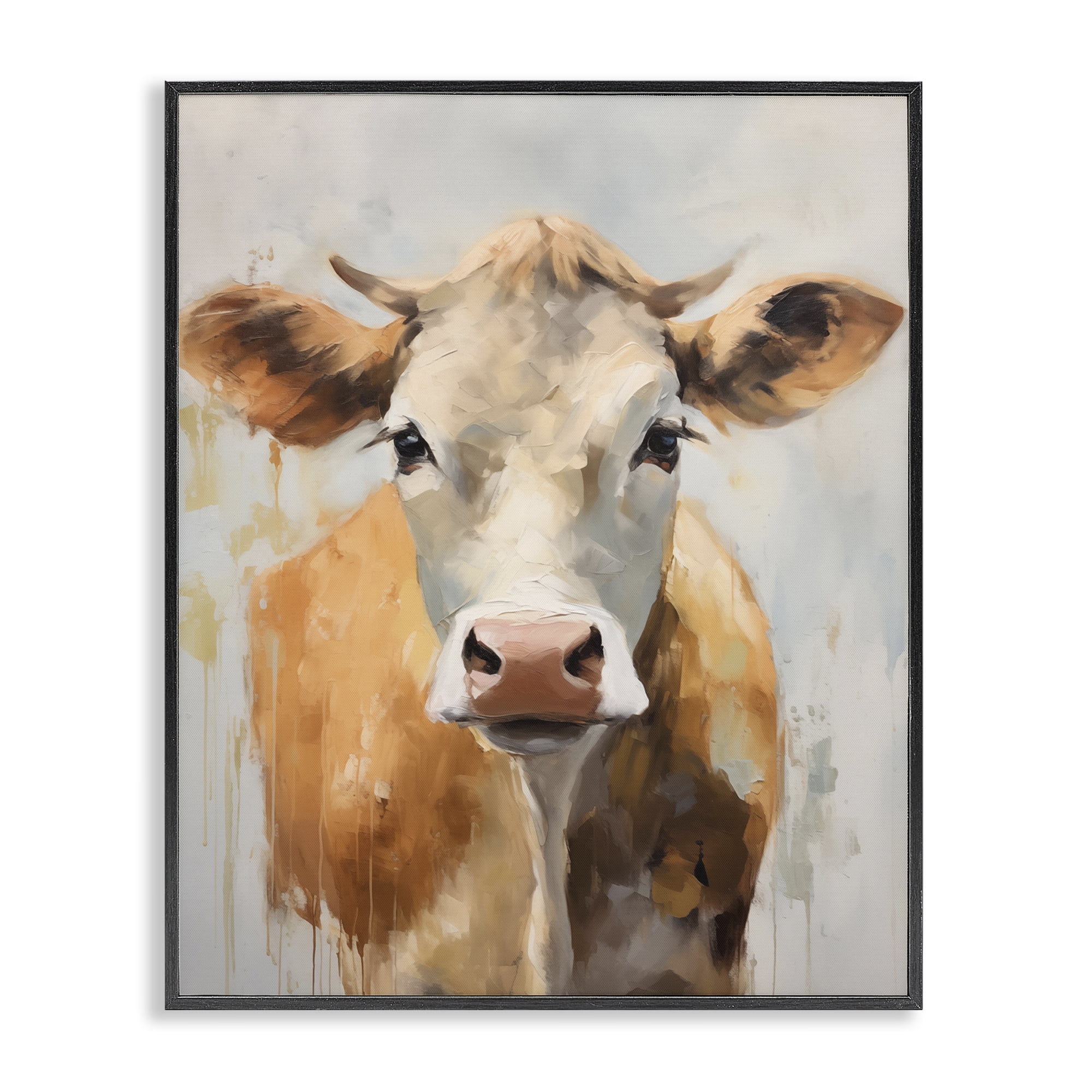 Stupell Industries Paint Drip Jersey Cow Animals Painting Black Framed Art Print Wall Art, 16 x 20