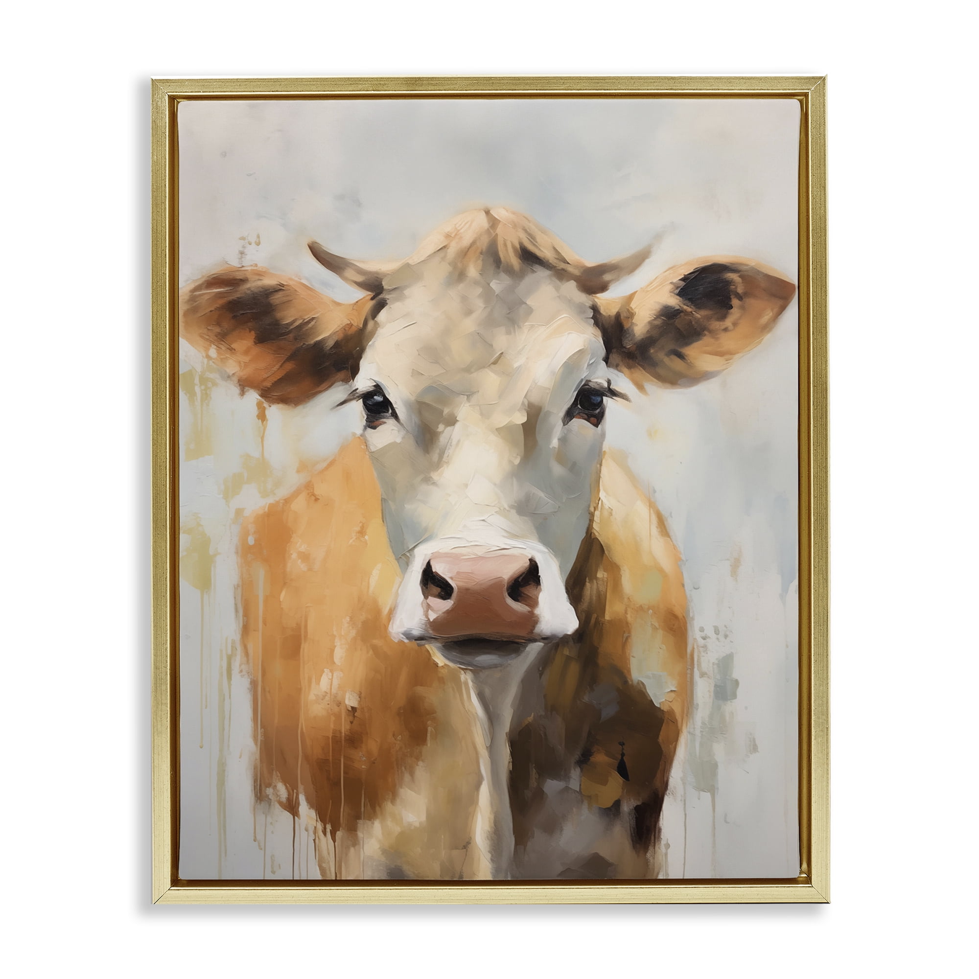 Stupell Industries Paint Drip Jersey Cow Animals Painting Gold Floater Framed Canvas Art Print Wall Art, 17 x 21
