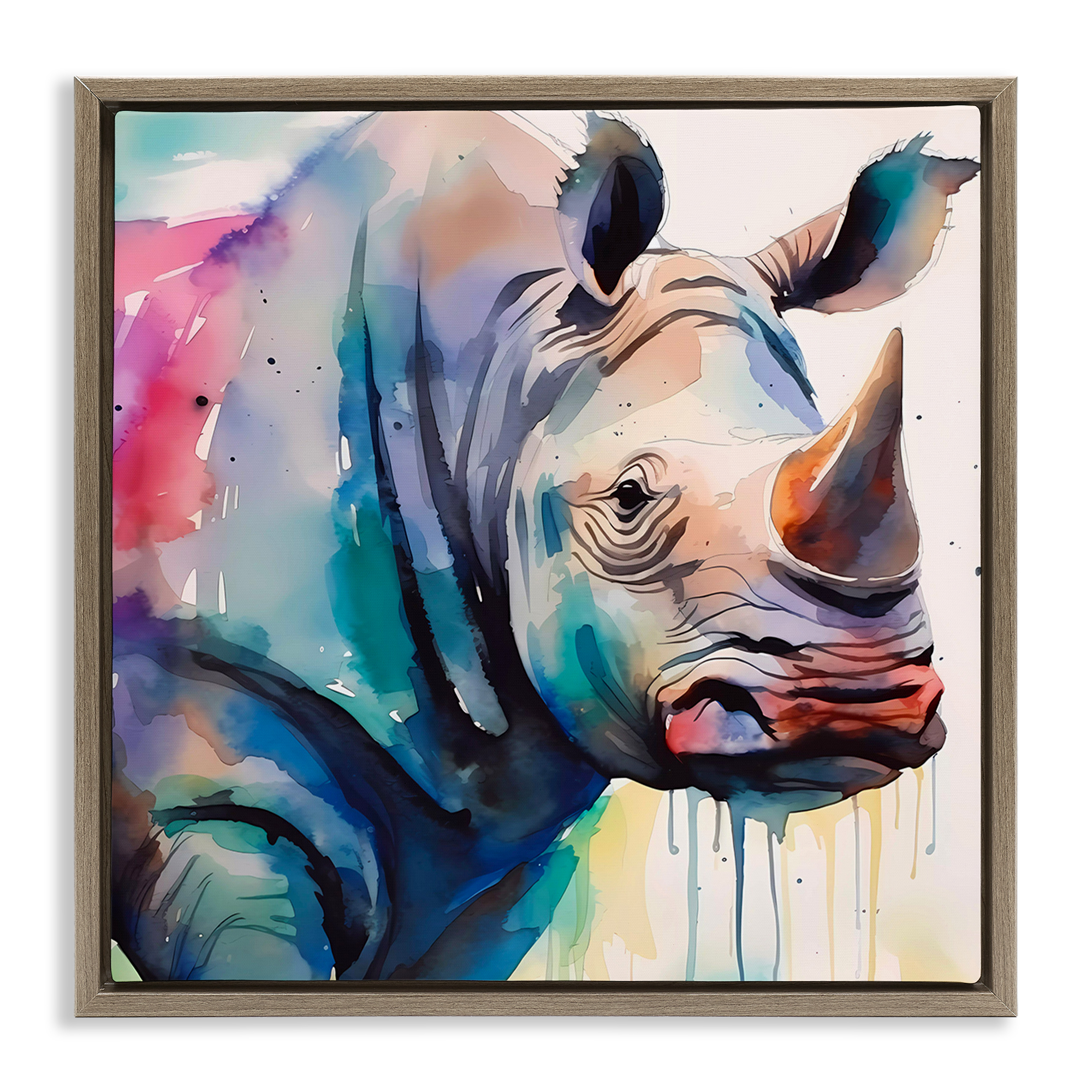 Stupell Industries Paint Drip Rhinoceros Animals & Insects Painting Brown Floater Framed Canvas Art Print Wall Art, 18 x 18