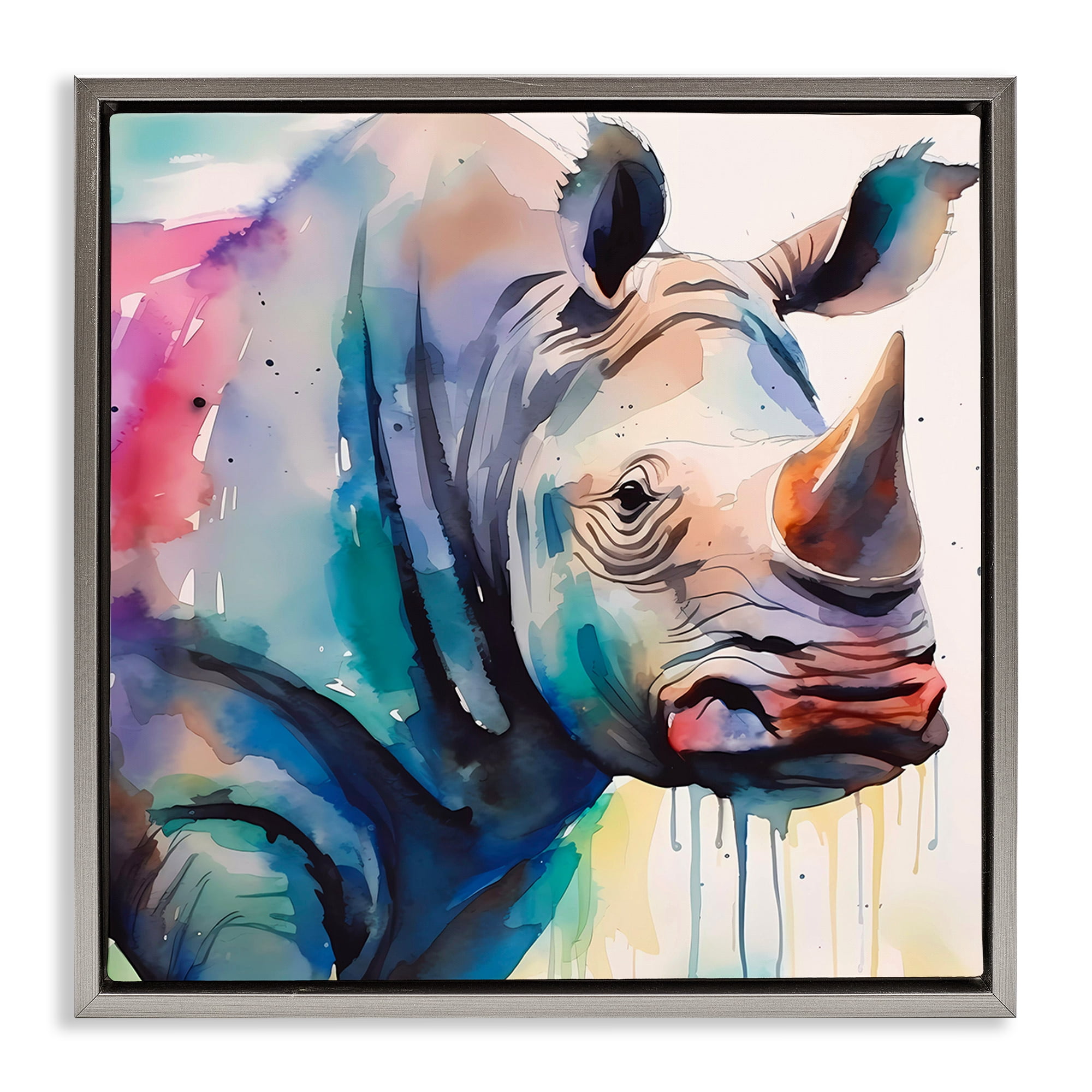 Stupell Industries Paint Drip Rhinoceros Animals & Insects Painting Gray Floater Framed Canvas Art Print Wall Art, 18 x 18