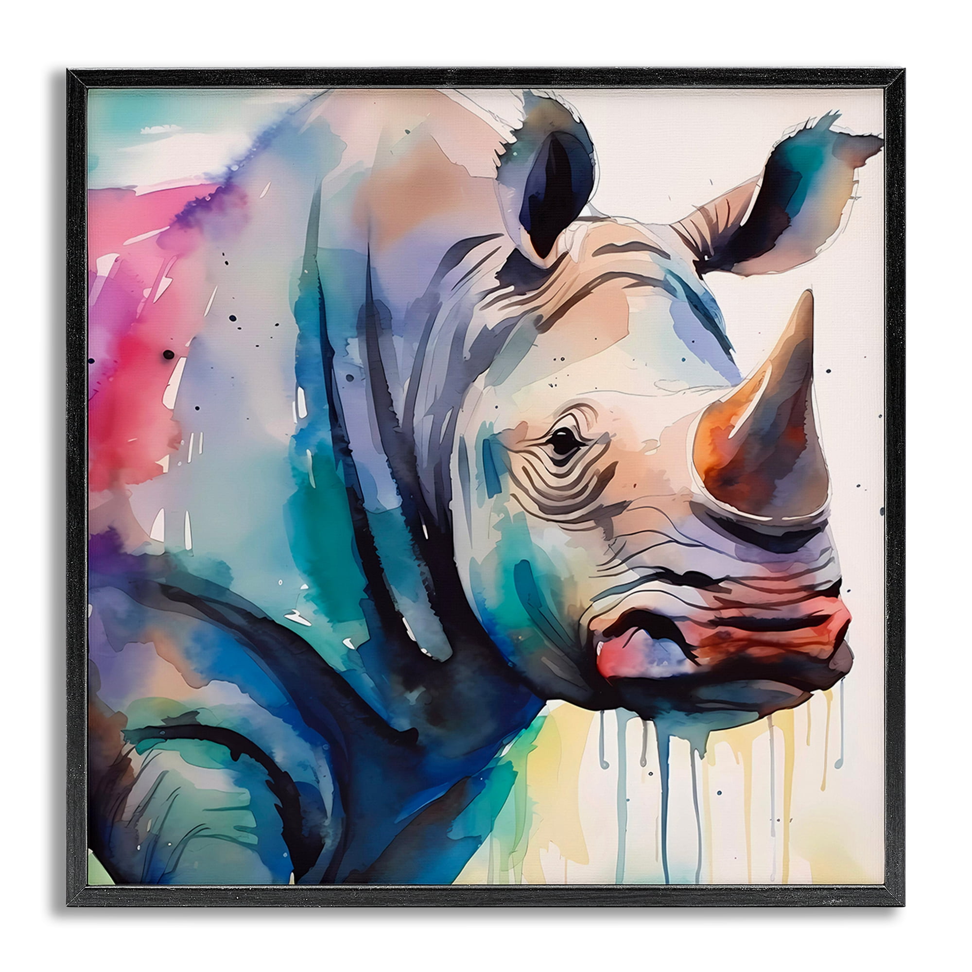 Stupell Industries Paint Drip Rhinoceros Animals & Insects Painting Gray Framed Art Print Wall Art, 12 x 12