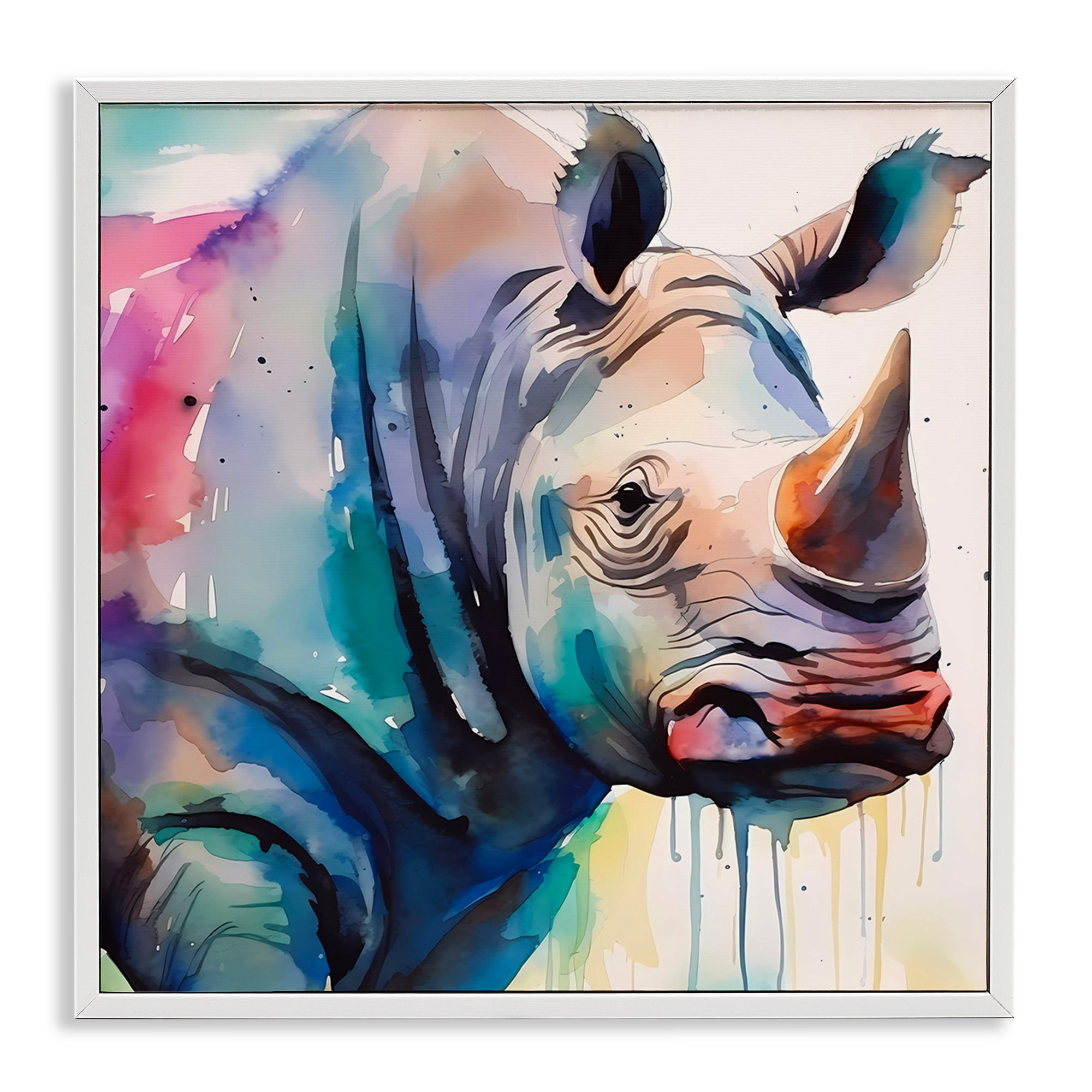 Stupell Industries Paint Drip Rhinoceros Animals & Insects Painting White Framed Art Print Wall Art, 24 x 24
