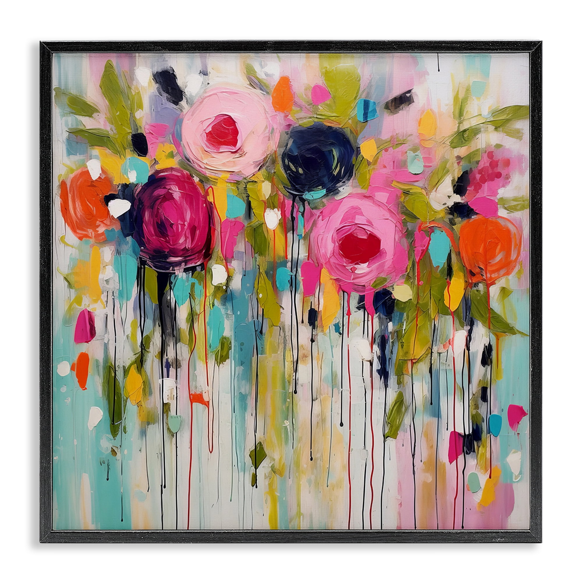 Stupell Industries Paint Drip Roses Plants & Flowers Painting Black Framed Art Print Wall Art, 24 x 24