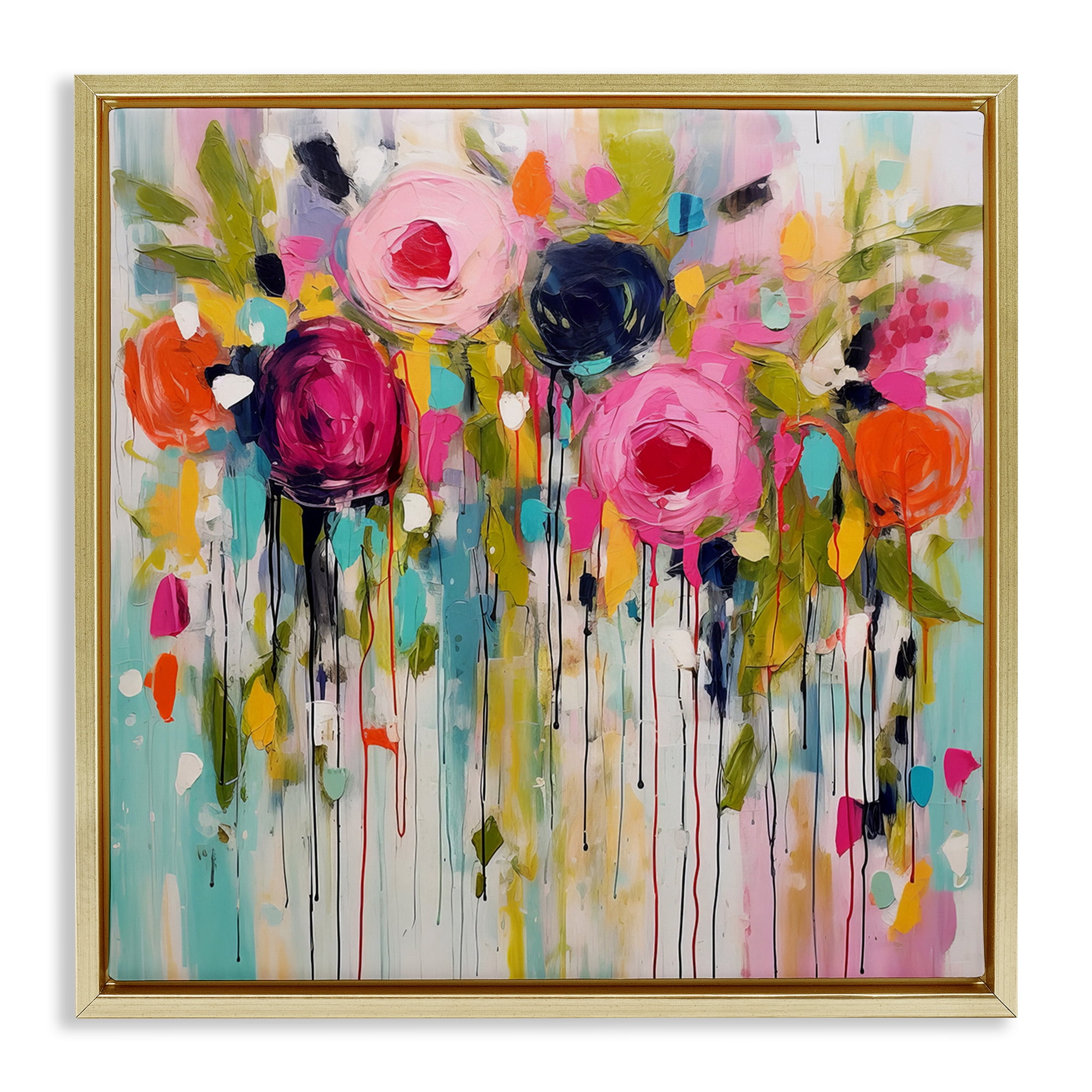 Stupell Industries Paint Drip Roses Plants & Flowers Painting Gold Floater Framed Canvas Art Print Wall Art, 18 x 18