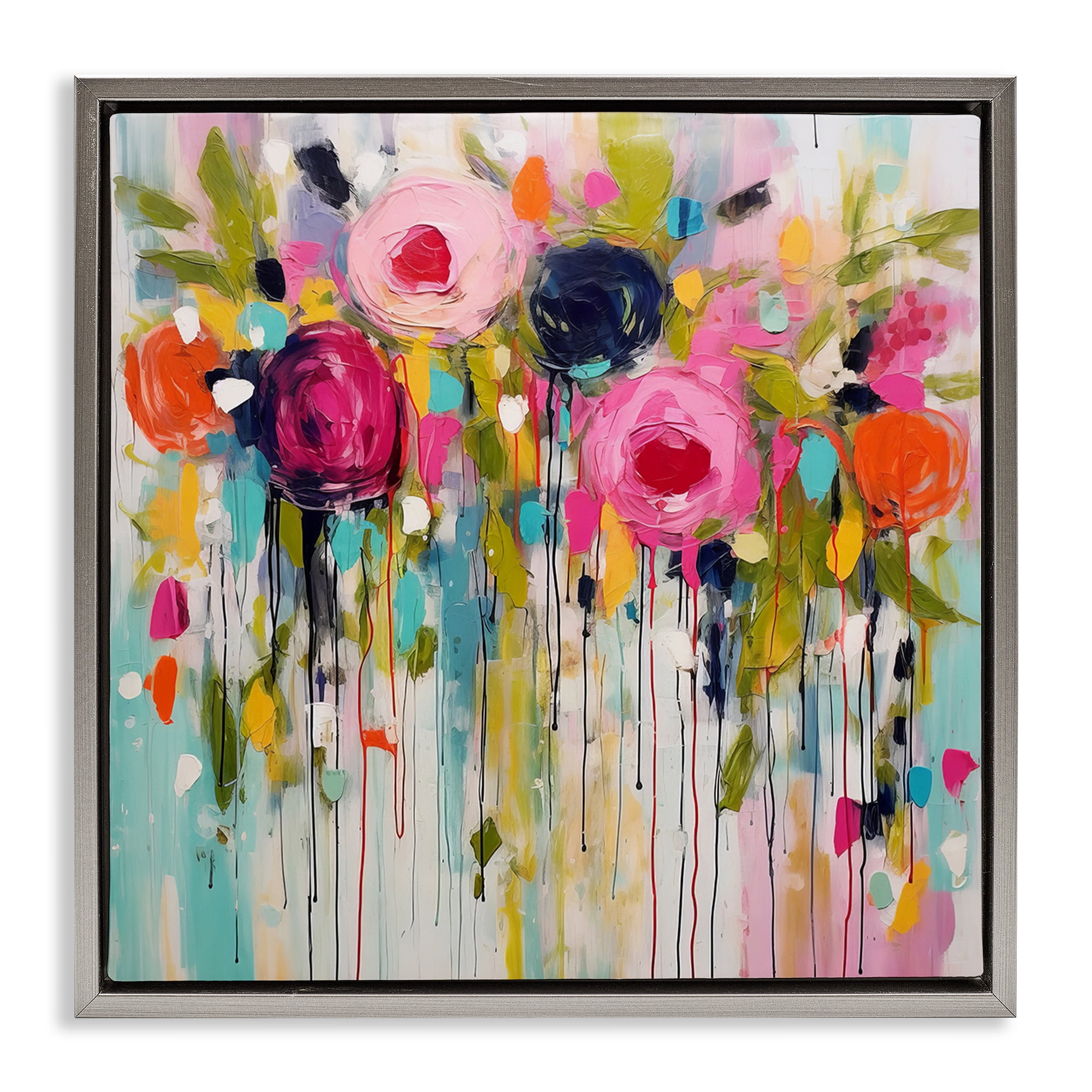 Stupell Industries Paint Drip Roses Plants & Flowers Painting Gray Floater Framed Canvas Art Print Wall Art, 18 x 18