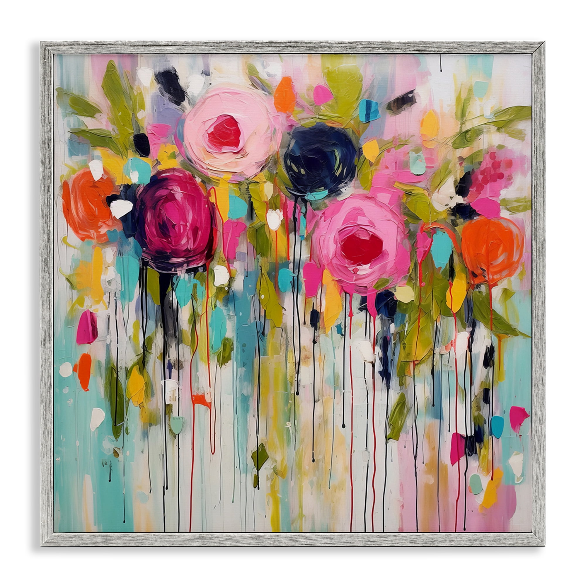 Stupell Industries Paint Drip Roses Plants & Flowers Painting Gray Framed Art Print Wall Art, 17 x 17