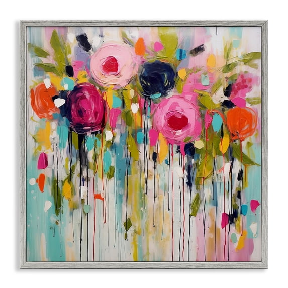 Stupell Industries Paint Drip Roses Plants & Flowers Painting Gray Framed Art Print Wall Art, 17 x 17