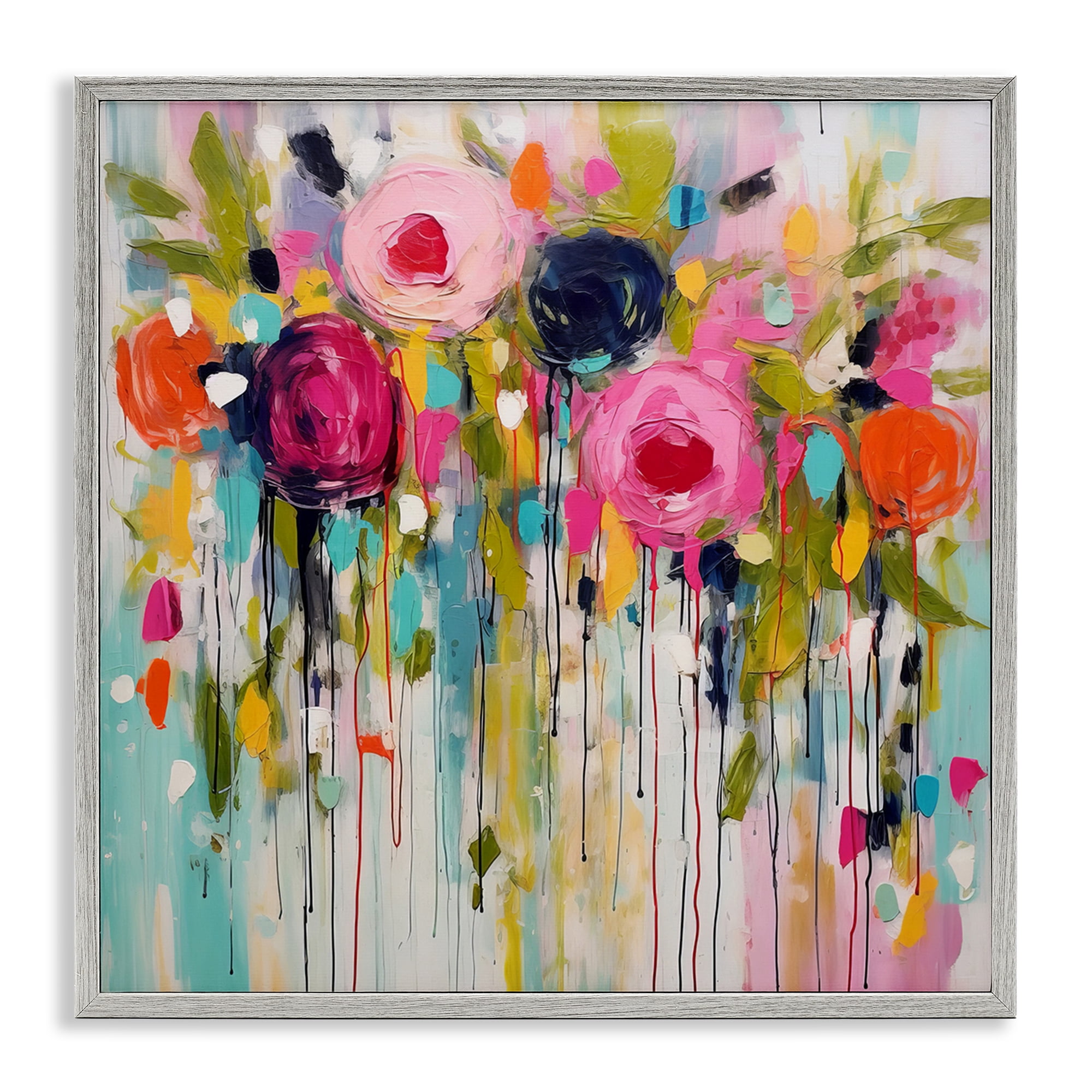 Stupell Industries Paint Drip Roses Plants & Flowers Painting Gray Framed Art Print Wall Art, 24 x 24