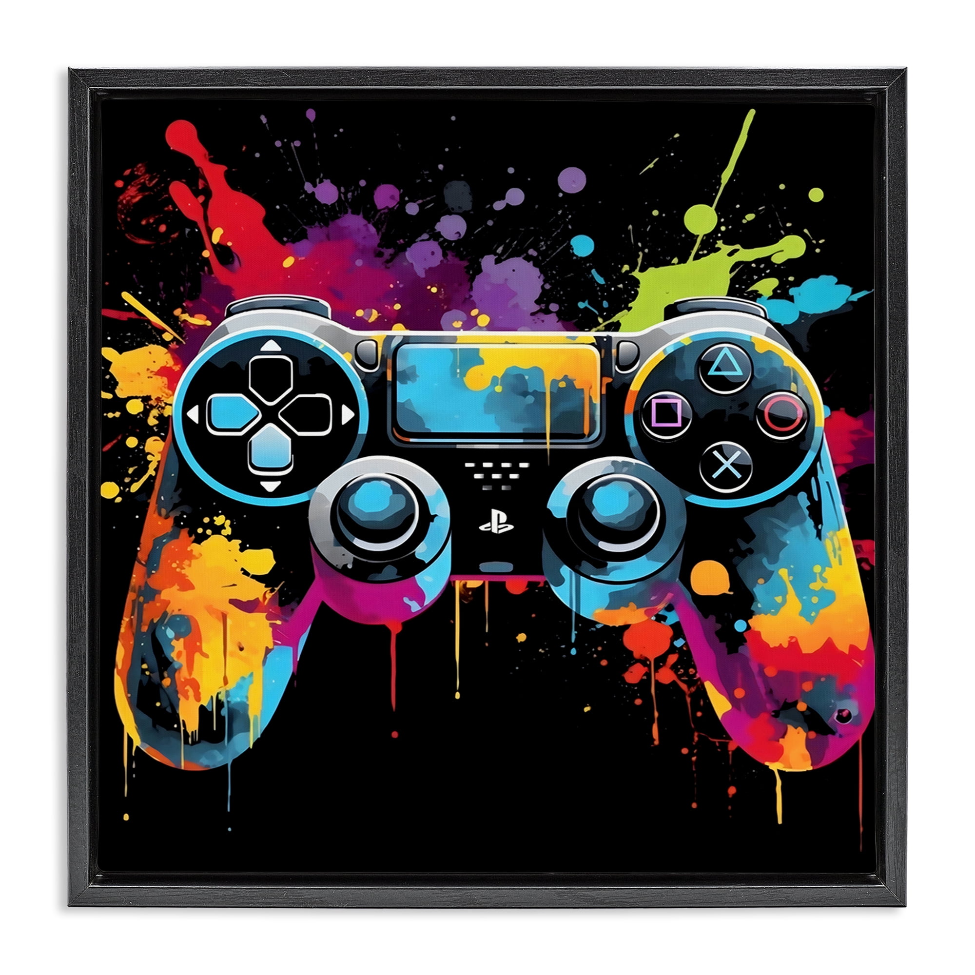 Stupell Industries Paint Splash Game Controller Black Framed Floater Canvas Wall Art, design by Creative Studio