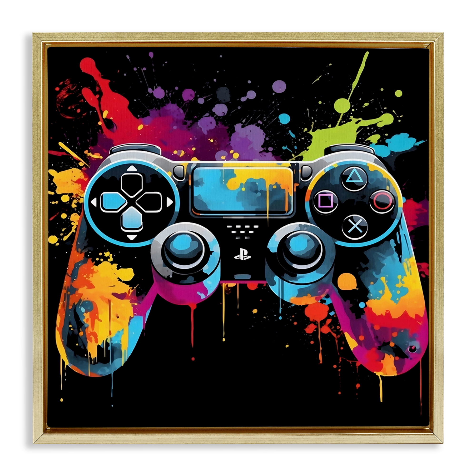 Stupell Industries Paint Splash Game Controller Gold Framed Floater Canvas Wall Art, design by Creative Studio