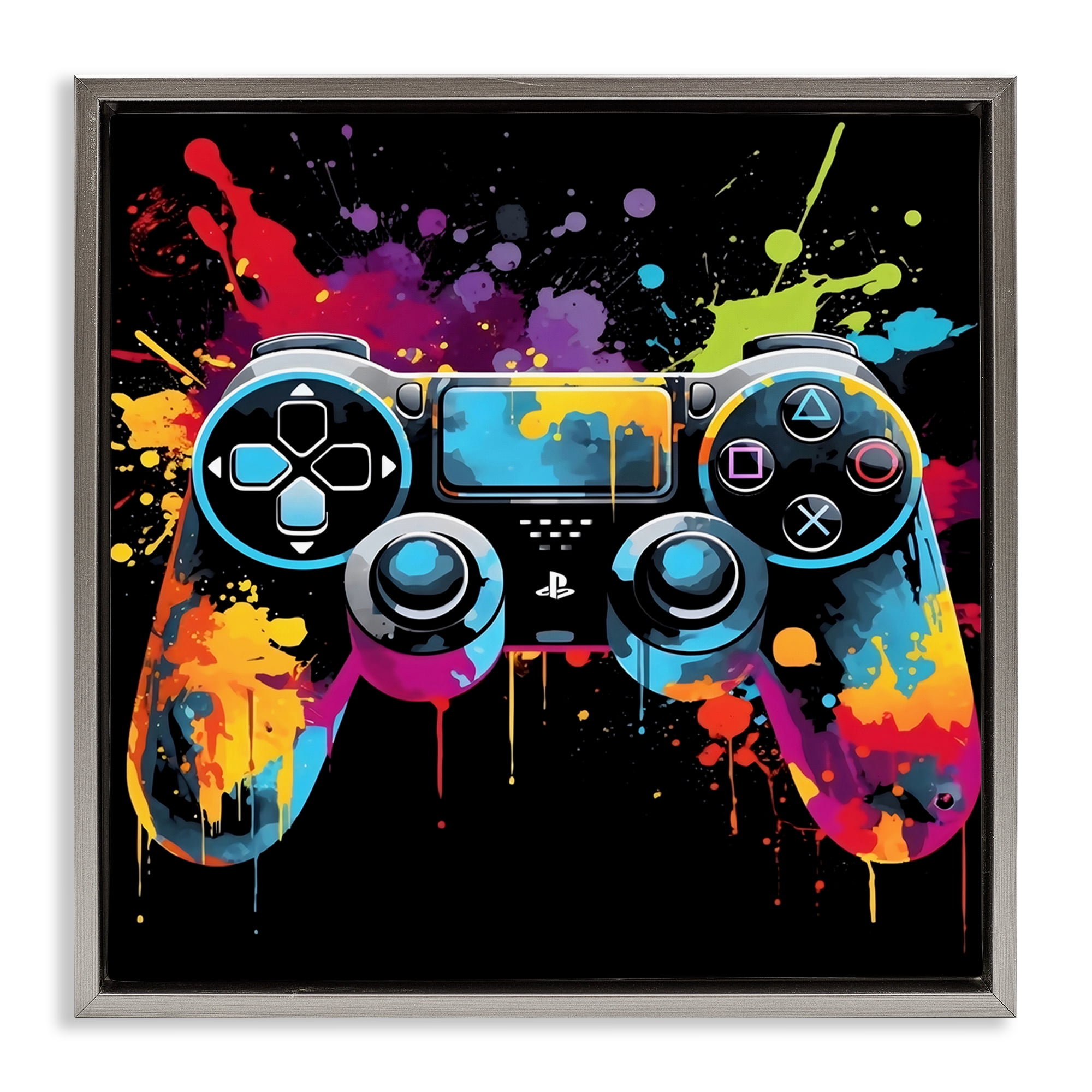 Stupell Industries Paint Splash Game Controller Gray Framed Floater Canvas Wall Art, design by Creative Studio