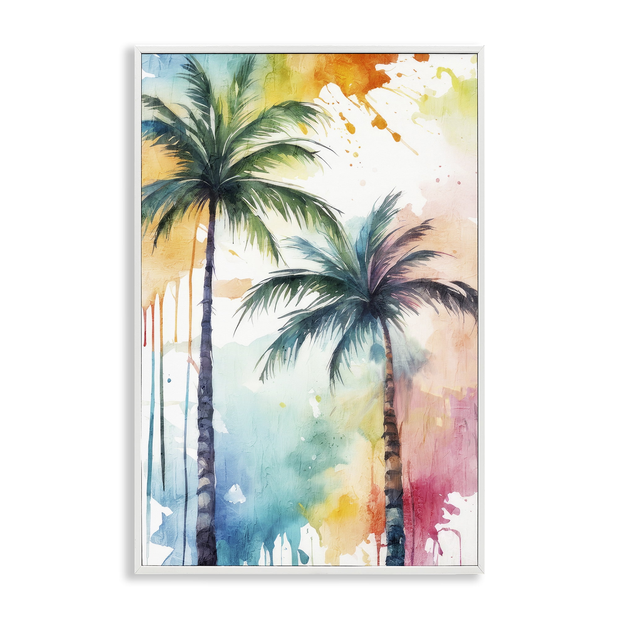 Colorful Palm Trees Framed Canvas Print in White Frame