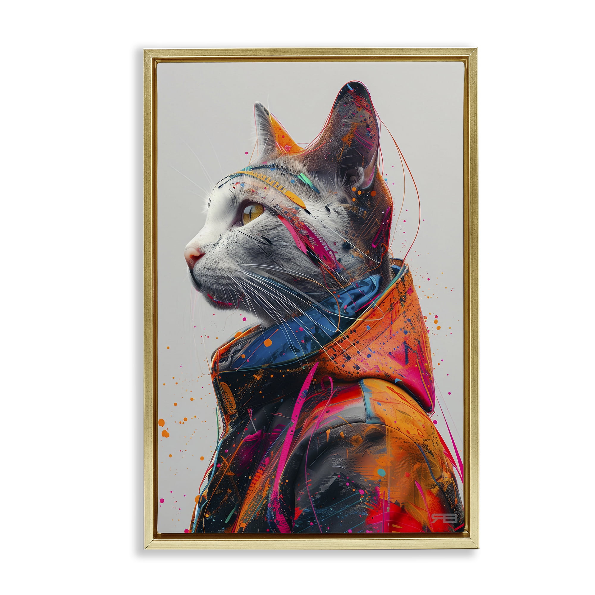 Stupell Industries Paint Splatter Cat Animals & Insects Painting Gold Floater Framed Canvas Art Print Wall Art, 21 x 31