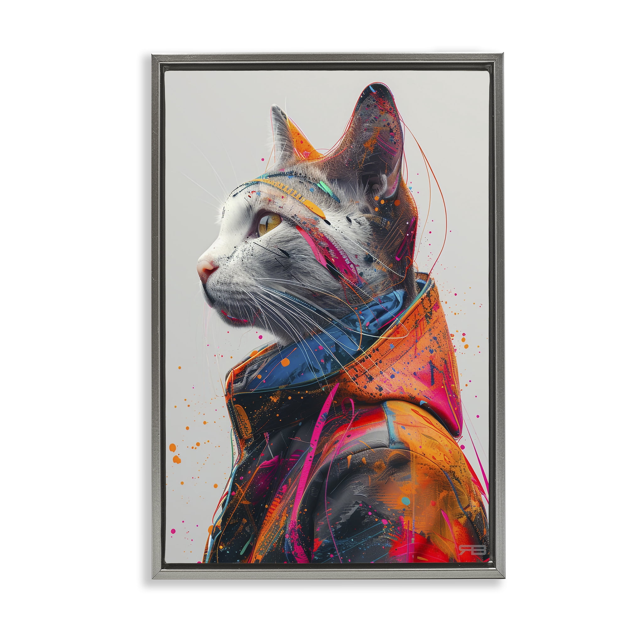 Stupell Industries Paint Splatter Cat Animals & Insects Painting Gray Floater Framed Canvas Art Print Wall Art, 21 x 31