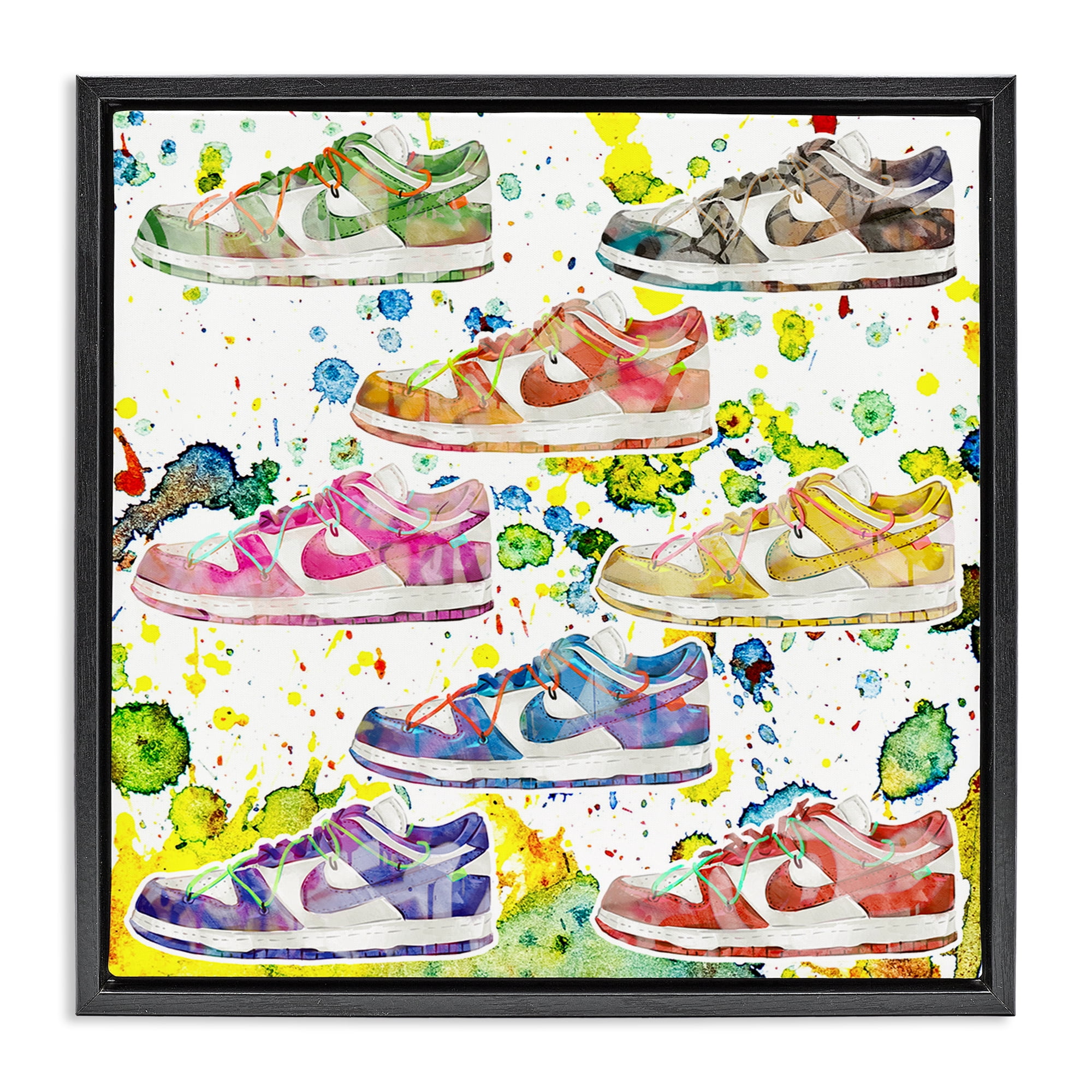 Stupell Industries Paint Splatter Sneakers Beauty & Fashion Painting Black Floater Framed Art Print Wall Art, 18 x 18