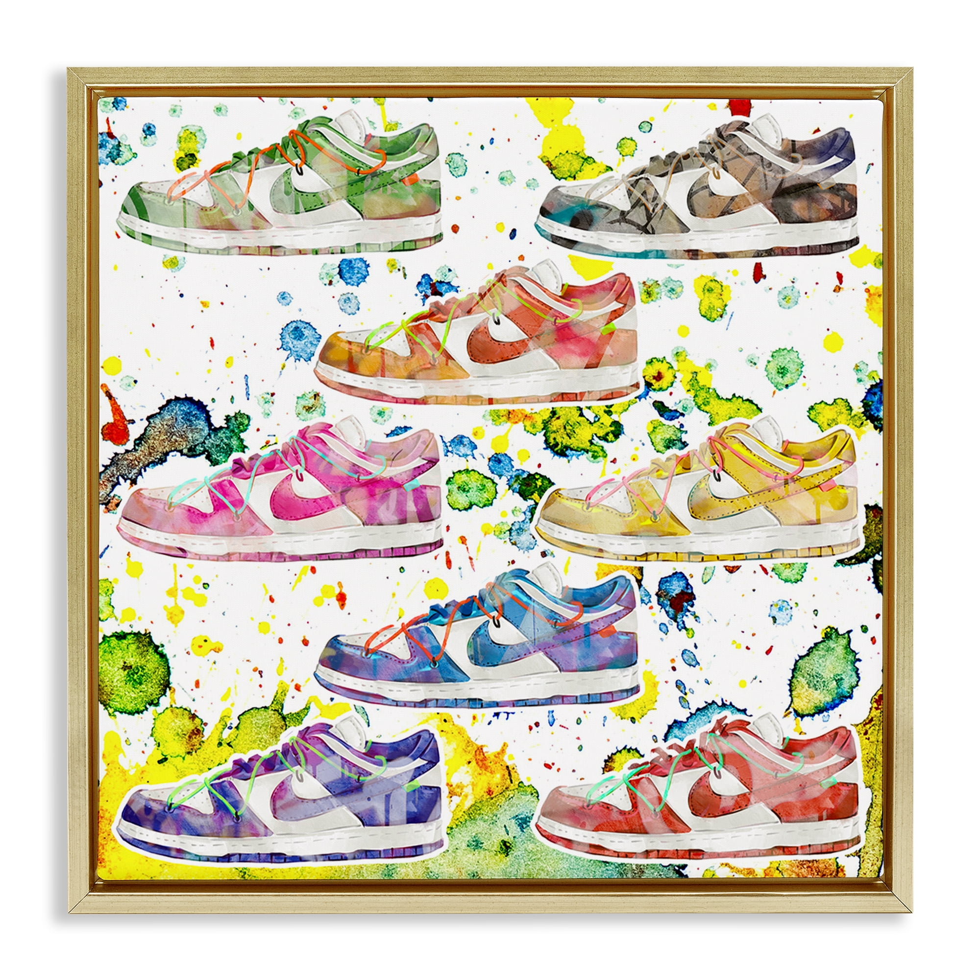 Stupell Industries Paint Splatter Sneakers Beauty & Fashion Painting Gold Floater Framed Art Print Wall Art, 18 x 18