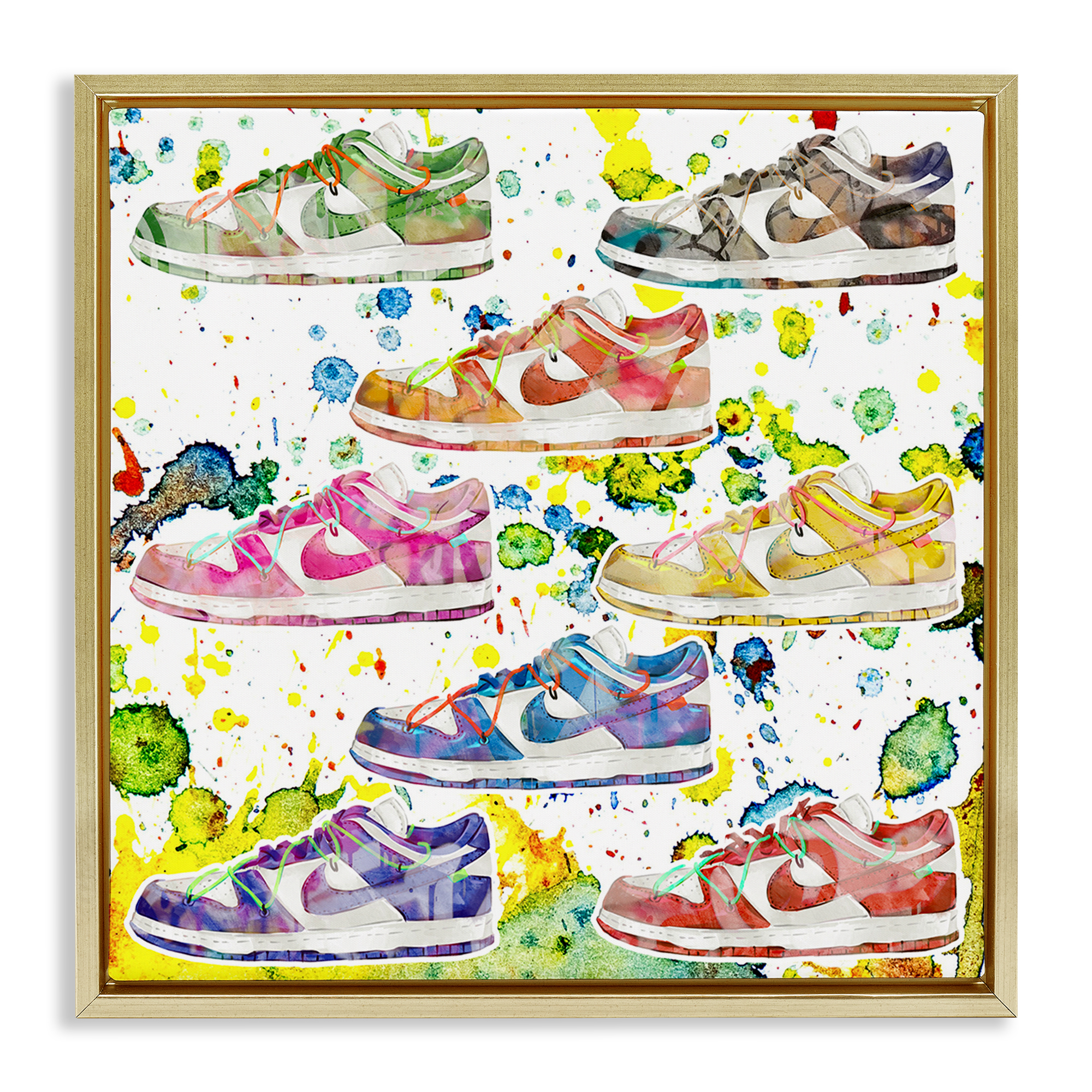Stupell Industries Paint Splatter Sneakers Beauty & Fashion Painting Gold Floater Framed Art Print Wall Art, 25 x 25