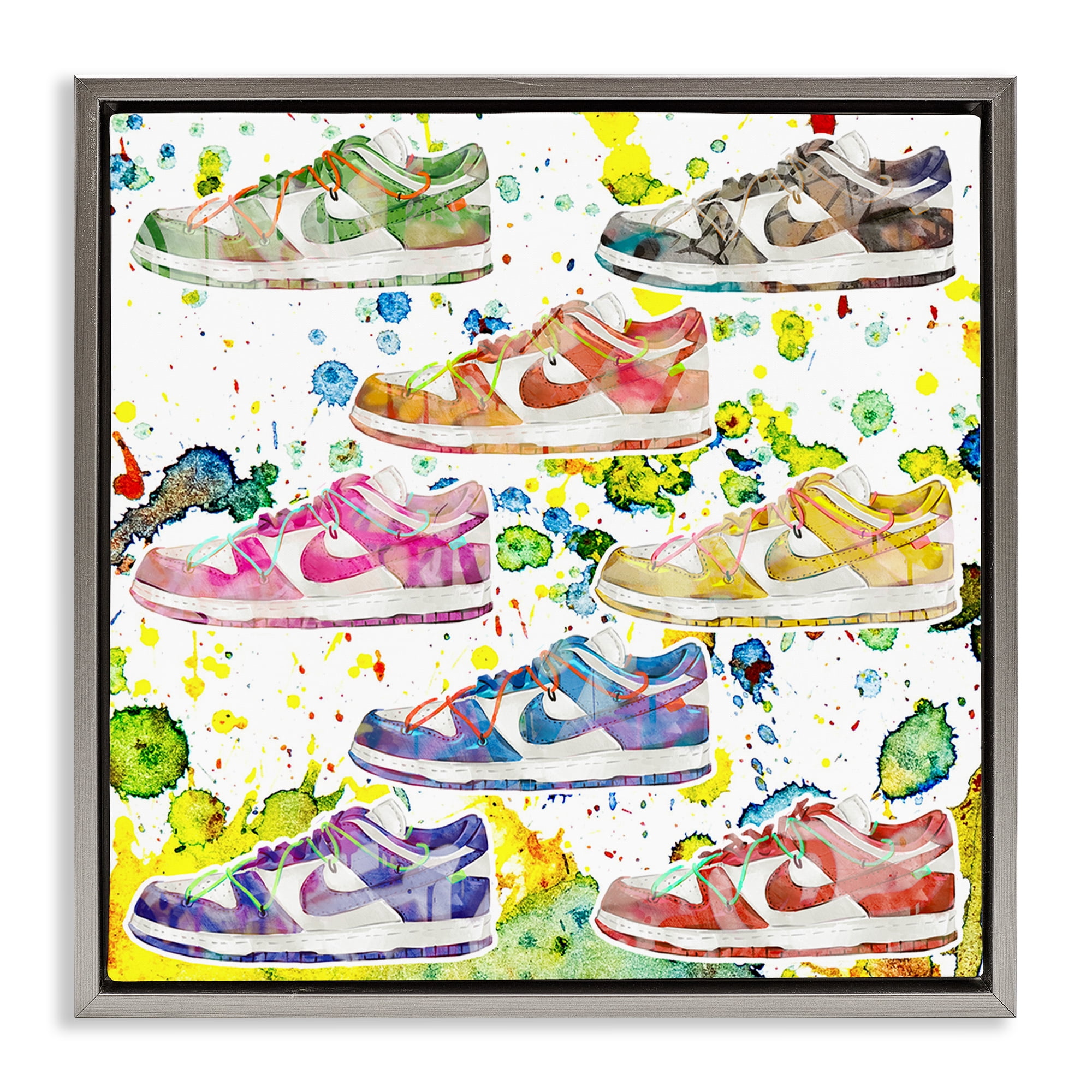 Stupell Industries Paint Splatter Sneakers Beauty & Fashion Painting Gray Floater Framed Art Print Wall Art, 25 x 25