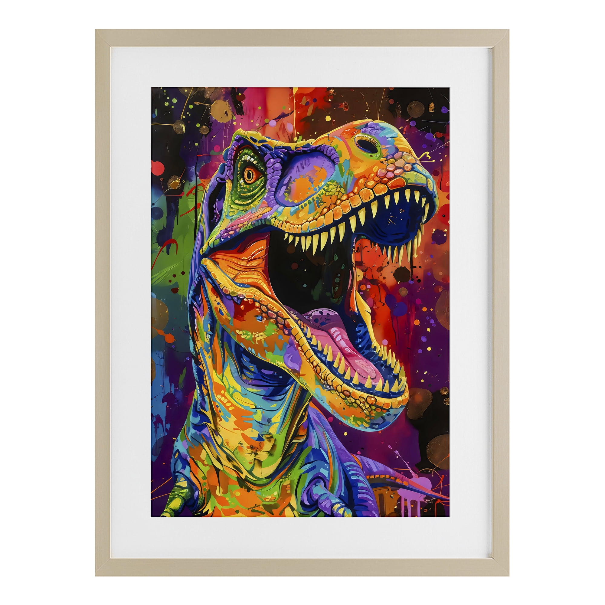 Stupell Industries Paint Splatter Urban T-Rex Birch Framed Print Under Glass, design by Creative Studio