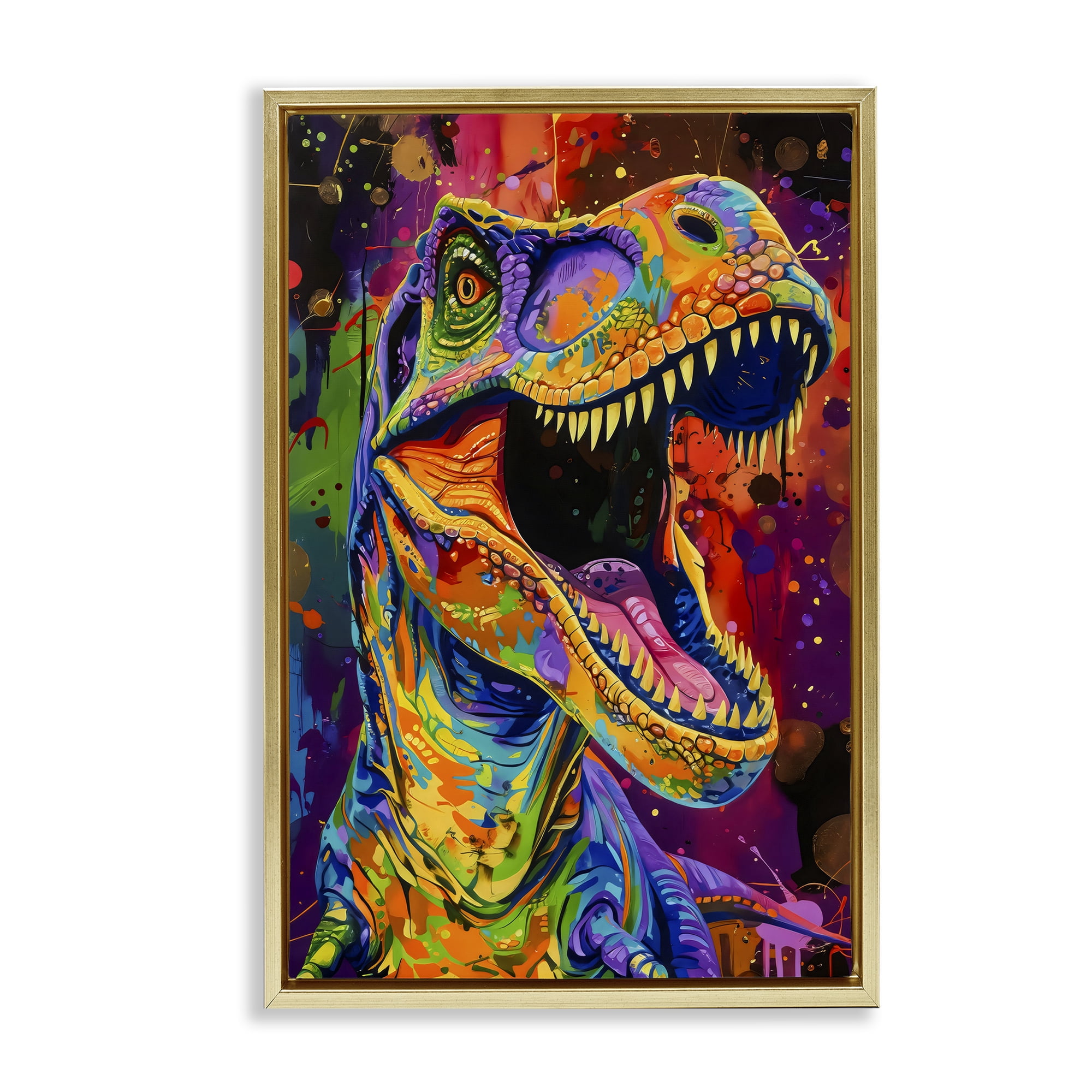 Stupell Industries Paint Splatter Urban T-Rex Gold Framed Floater Canvas Wall Art, design by Creative Studio
