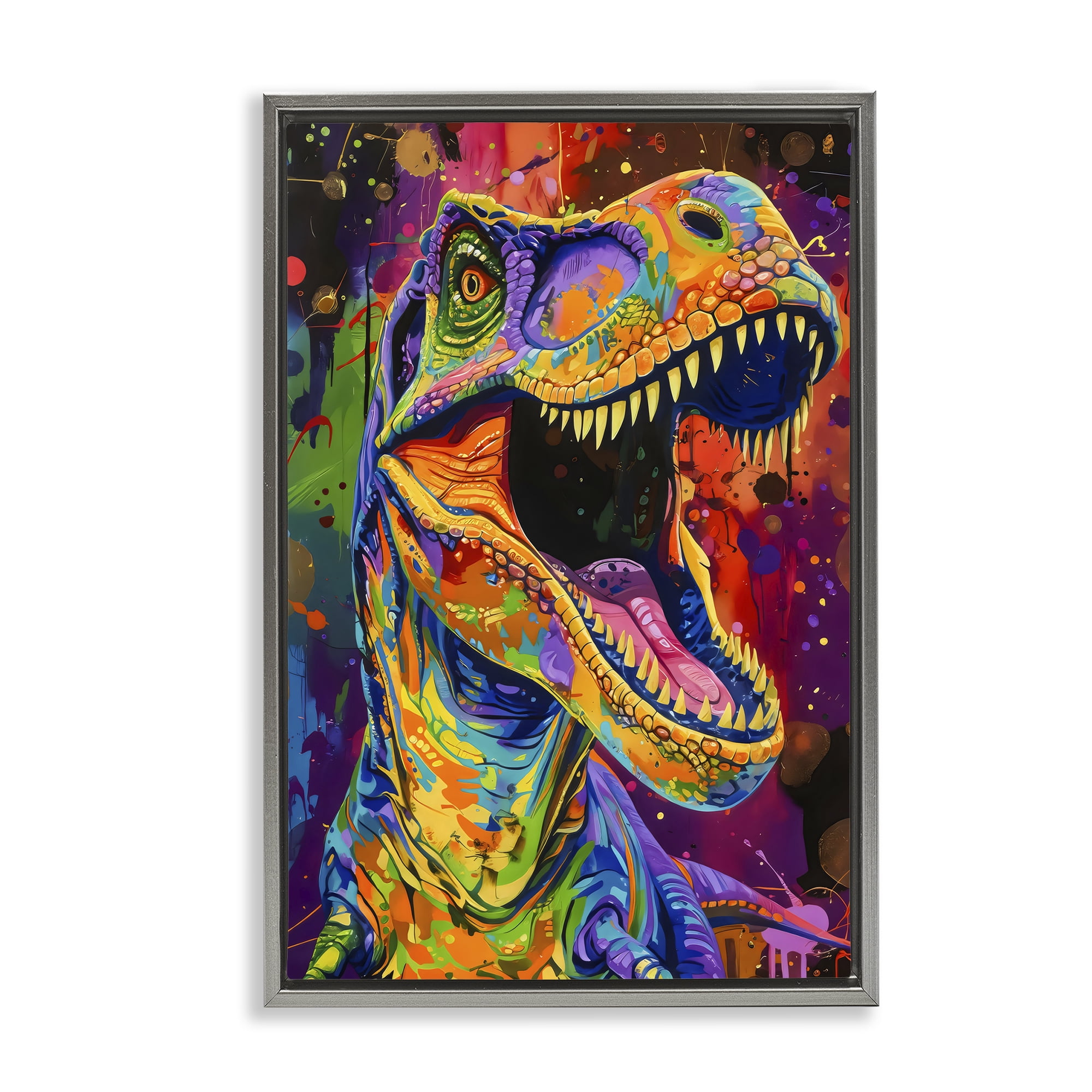Stupell Industries Paint Splatter Urban T-Rex Gray Framed Floater Canvas Wall Art, design by Creative Studio