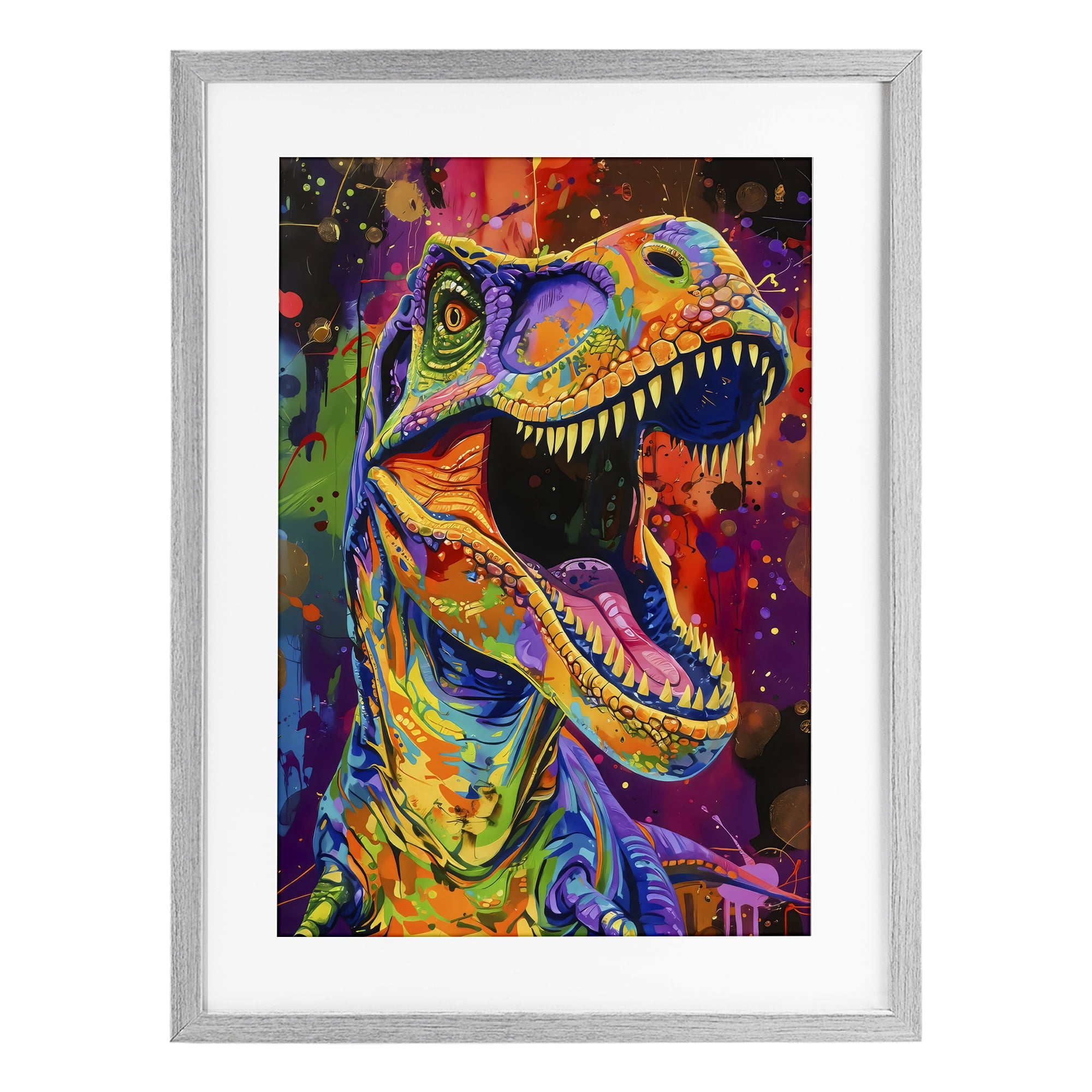 Stupell Industries Paint Splatter Urban T-Rex Gray Framed Print Under Glass, design by Creative Studio