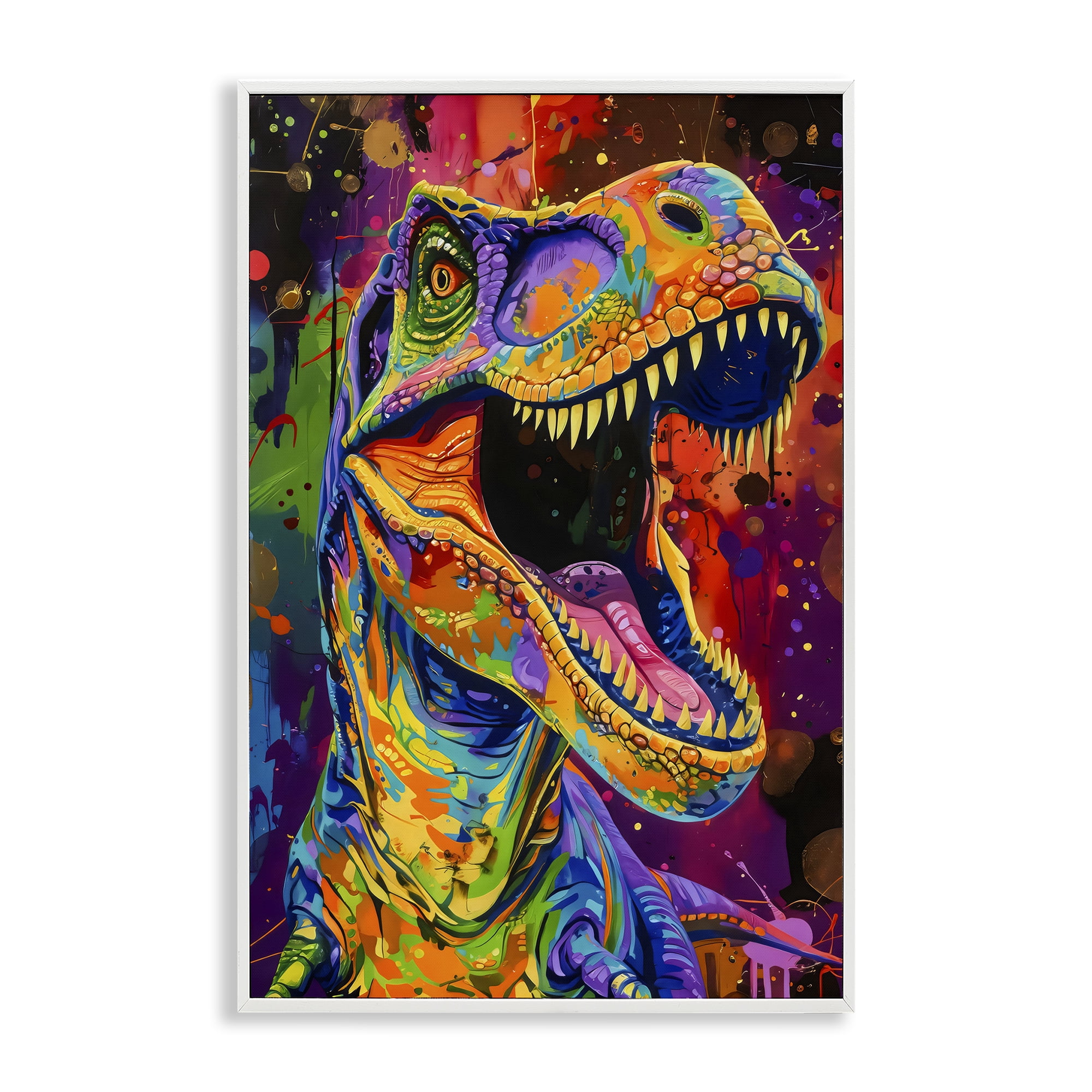 Stupell Industries Paint Splatter Urban T-Rex White Framed Giclee Art, design by Creative Studio