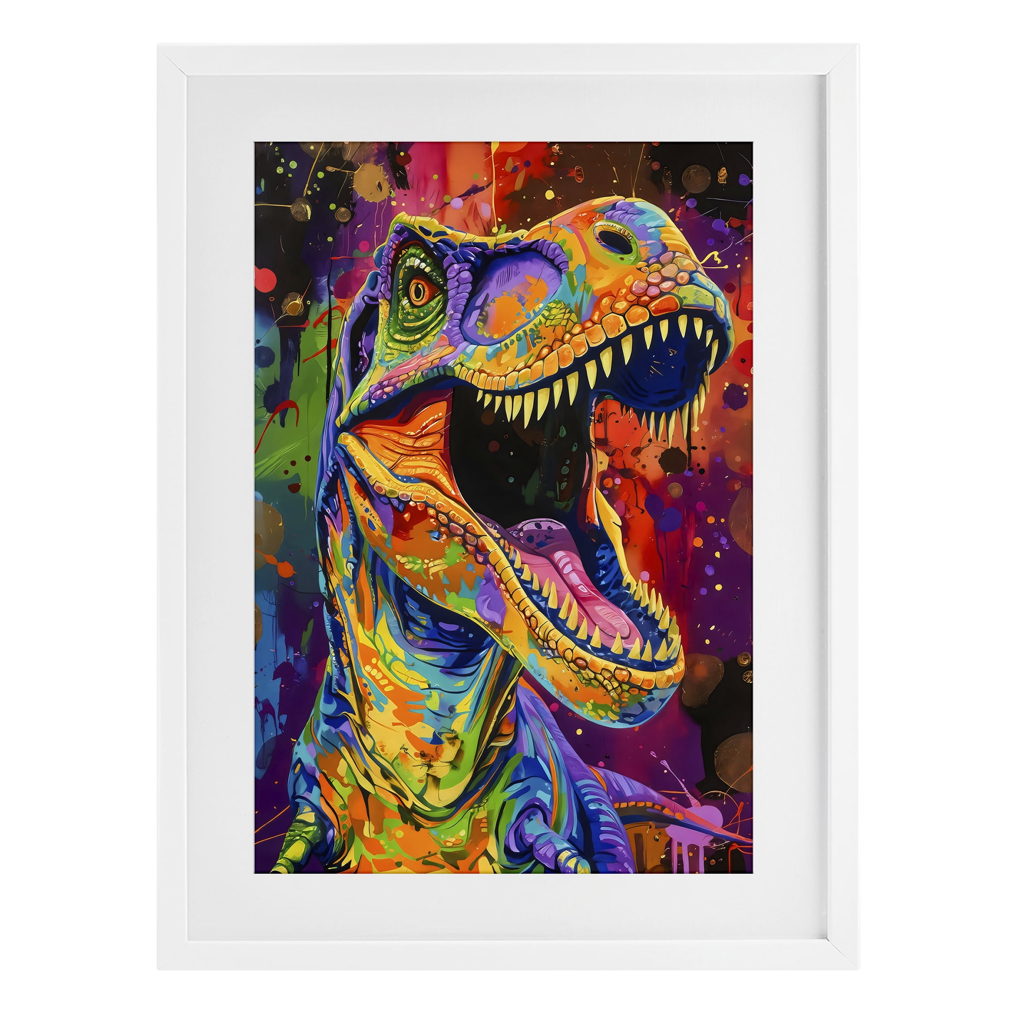 Stupell Industries Paint Splatter Urban T-Rex White Framed Print Under Glass, design by Creative Studio