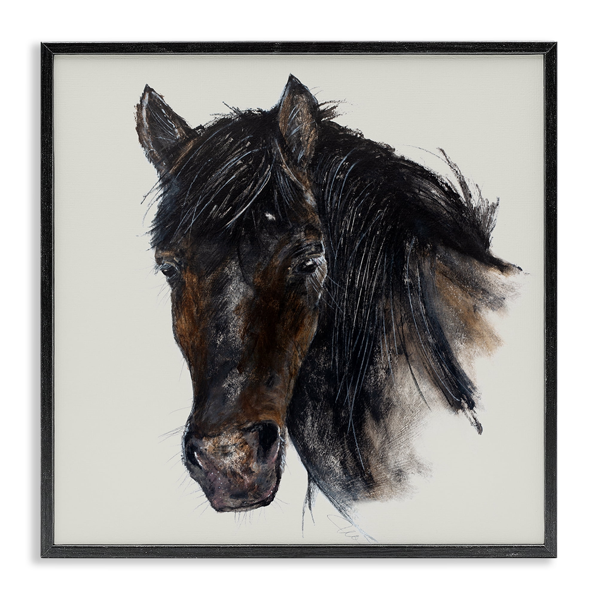 Stupell Industries Paint Stroke Black Horse Animals Painting Black Framed Art Print Wall Art, 24 x 24