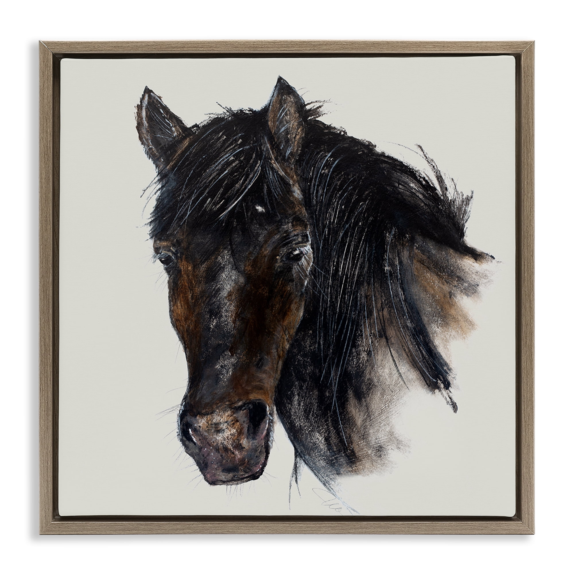 Stupell Industries Paint Stroke Black Horse Animals Painting Brown Floater Framed Canvas Art Print Wall Art, 18 x 18