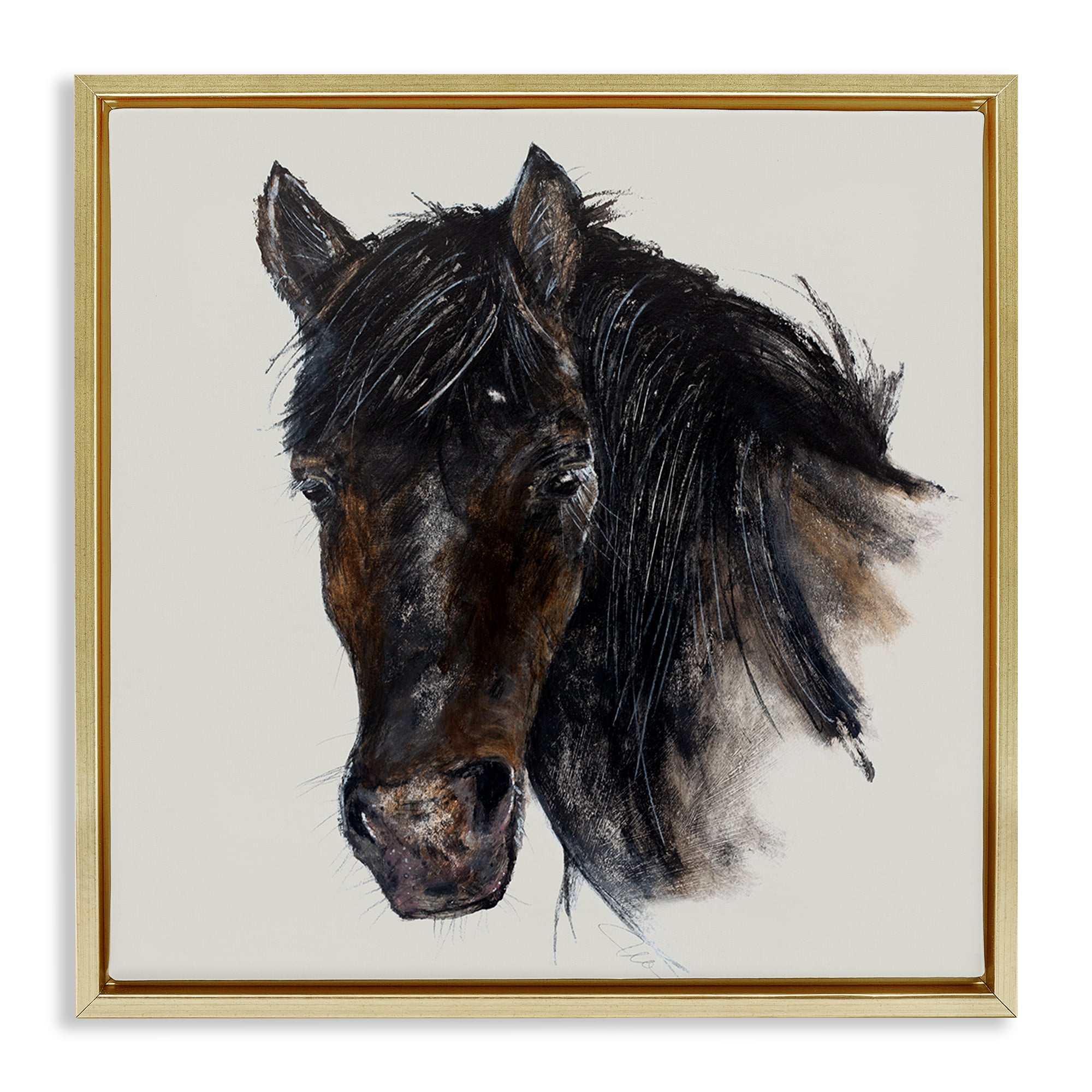 Stupell Industries Paint Stroke Black Horse Animals Painting Gold Floater Framed Canvas Art Print Wall Art, 18 x 18